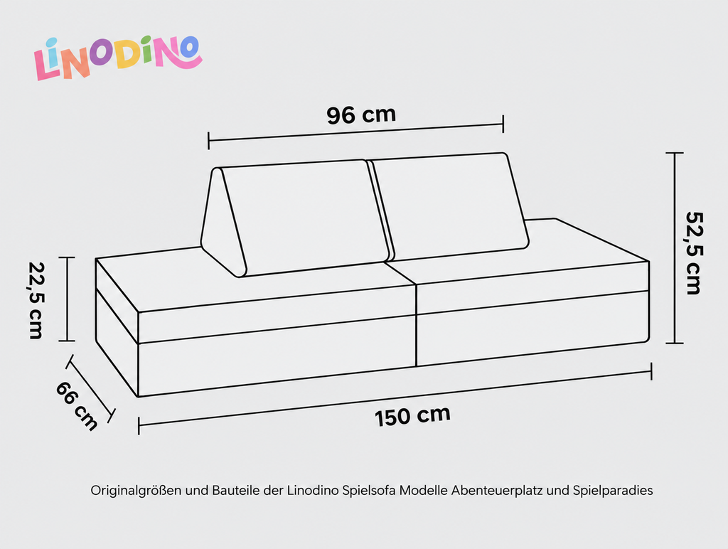 Maßzeichnung des Linodino Spielsofas mit 150 cm Breite, 66 cm Tiefe und 52,5 cm Gesamthöhe