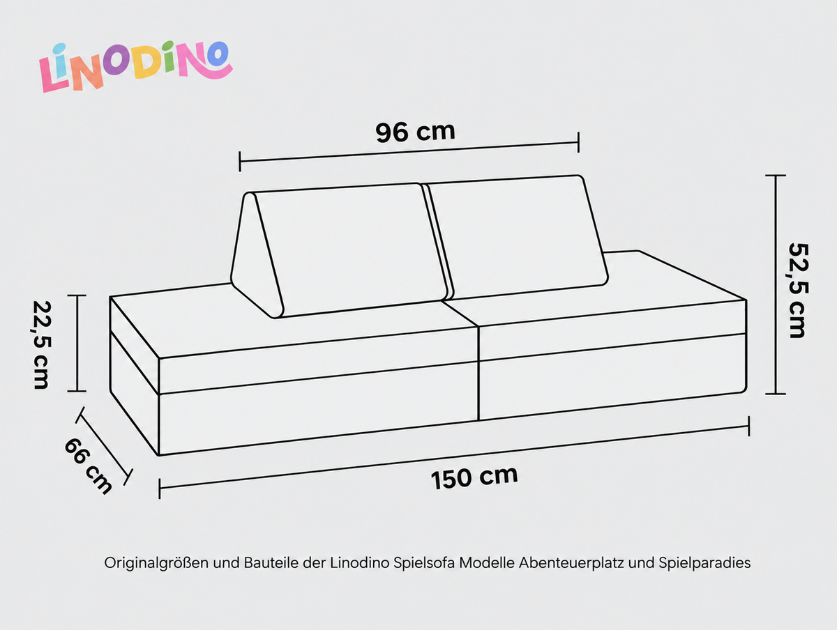 Maßzeichnung des Linodino Spielsofas mit 150 cm Breite, 66 cm Tiefe und 52,5 cm Gesamthöhe