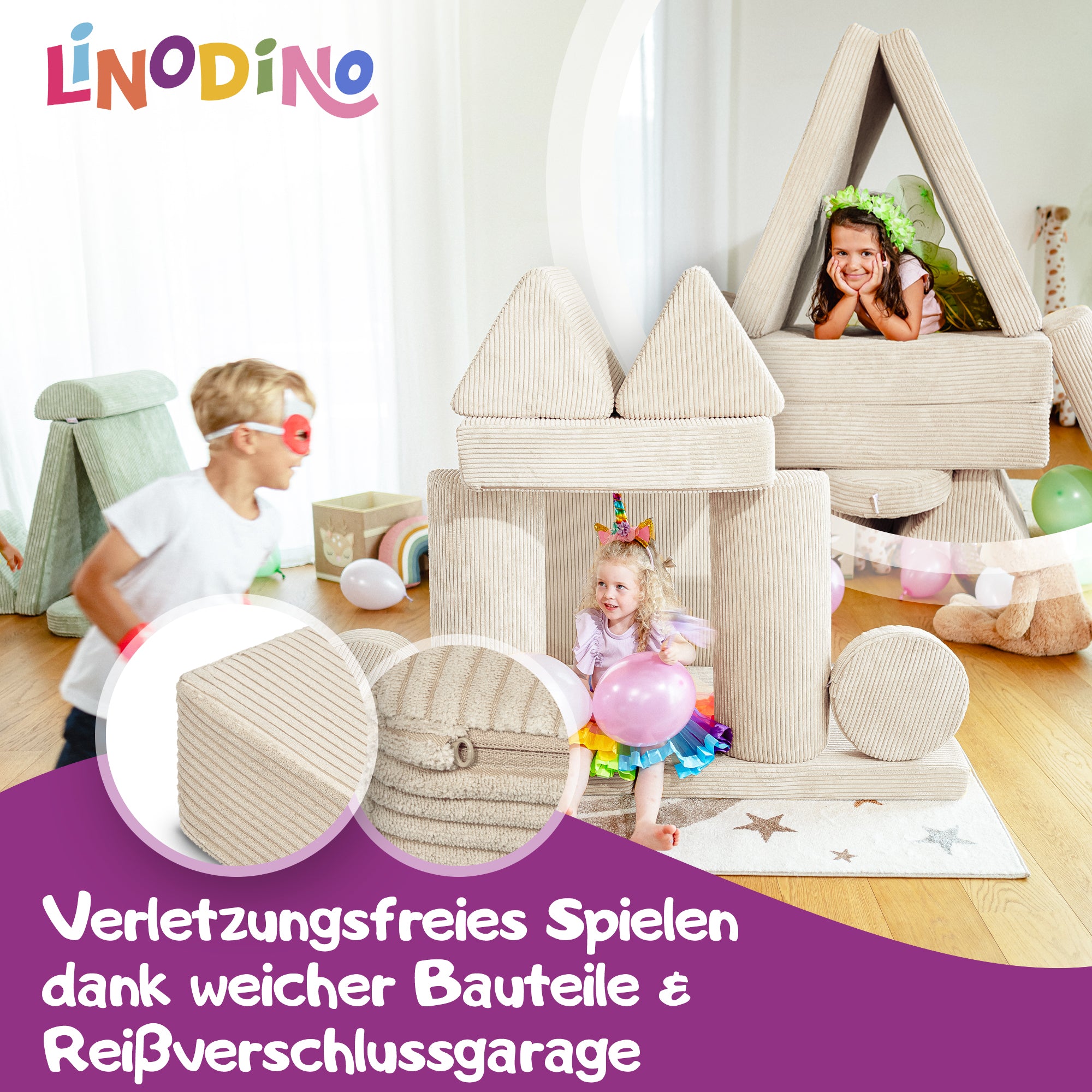 Linodino Spielsofa, Verletzungsfreies Spielen durch weiche Bauteile und Reißverschlussgarage
