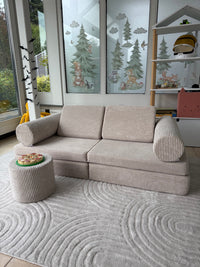 Chenille Spielsofa + Kuschelrollen + Knuffelpouf