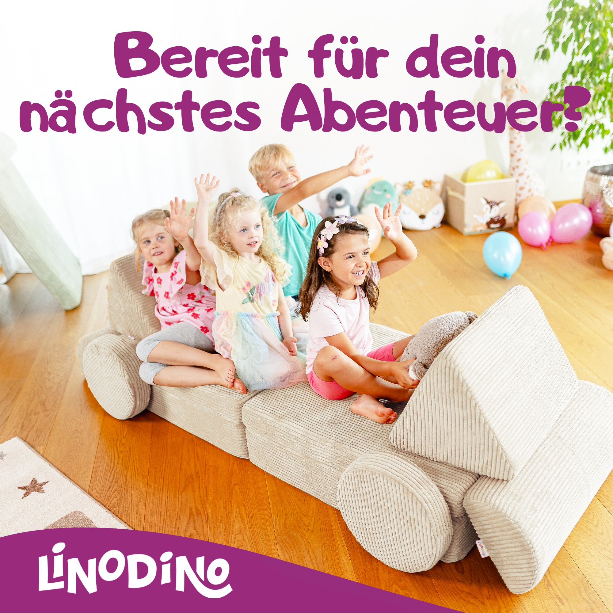 Kinder warten auf ihr nächstes Abenteuer auf dem Linodino Spielsofa
