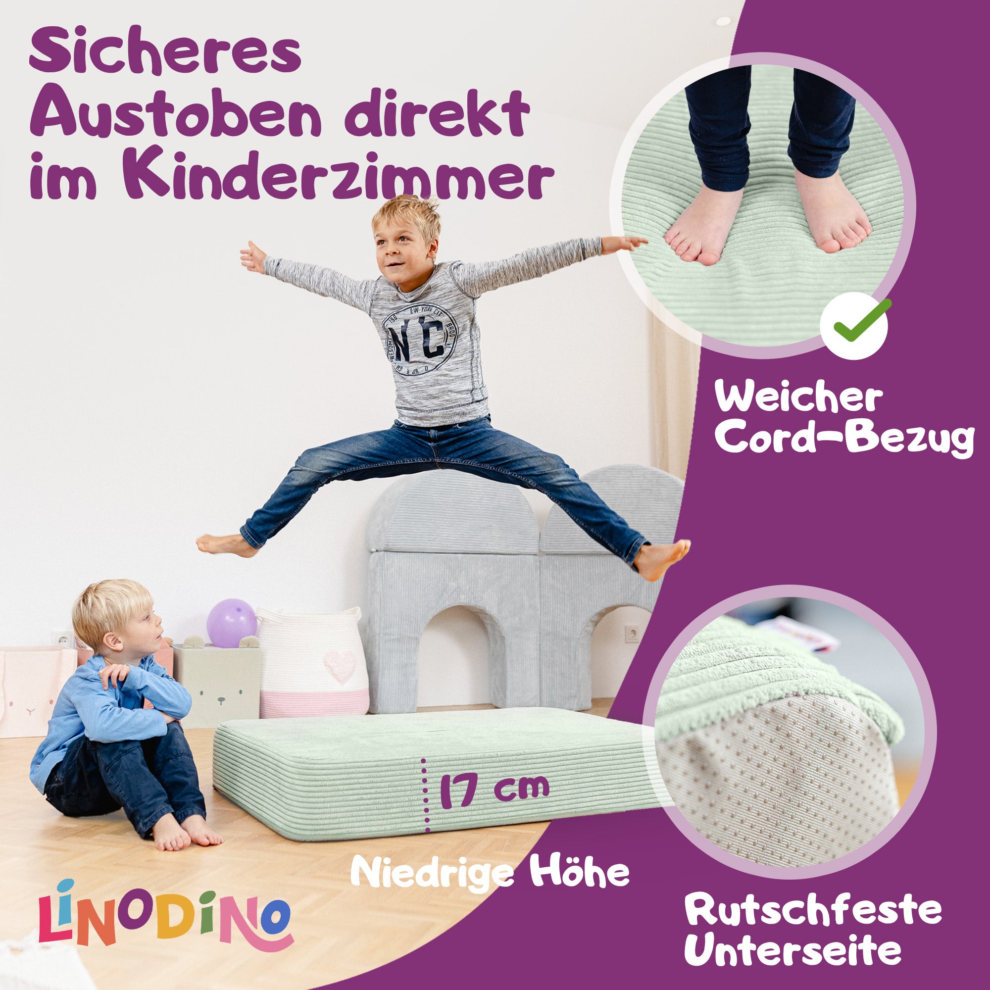 Kinder springen auf einer rutschfesten grünen Hüpfmatratze