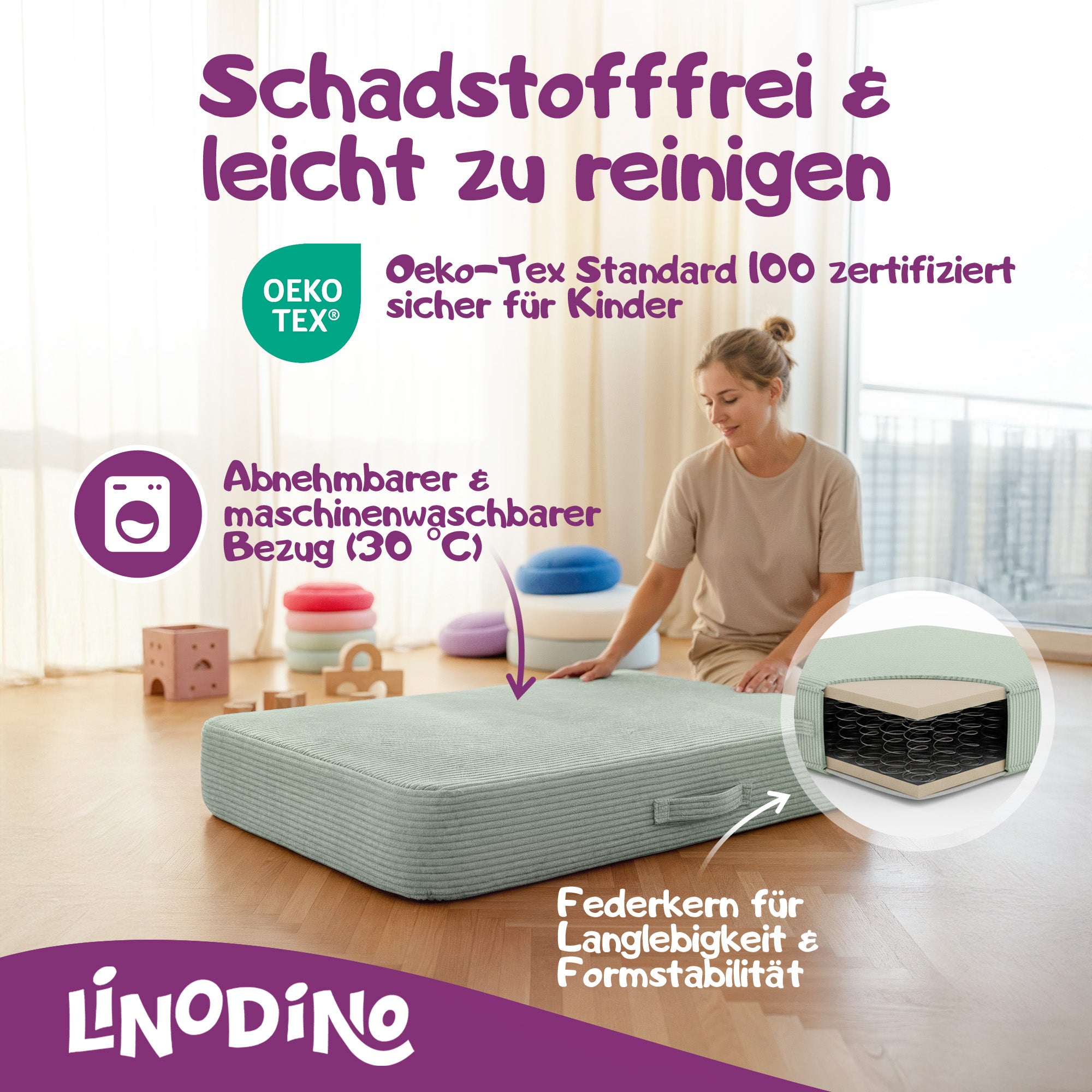 Grünes Hüpfpolster mit Federkern geprüft nach OEKO-TEX Standard 100