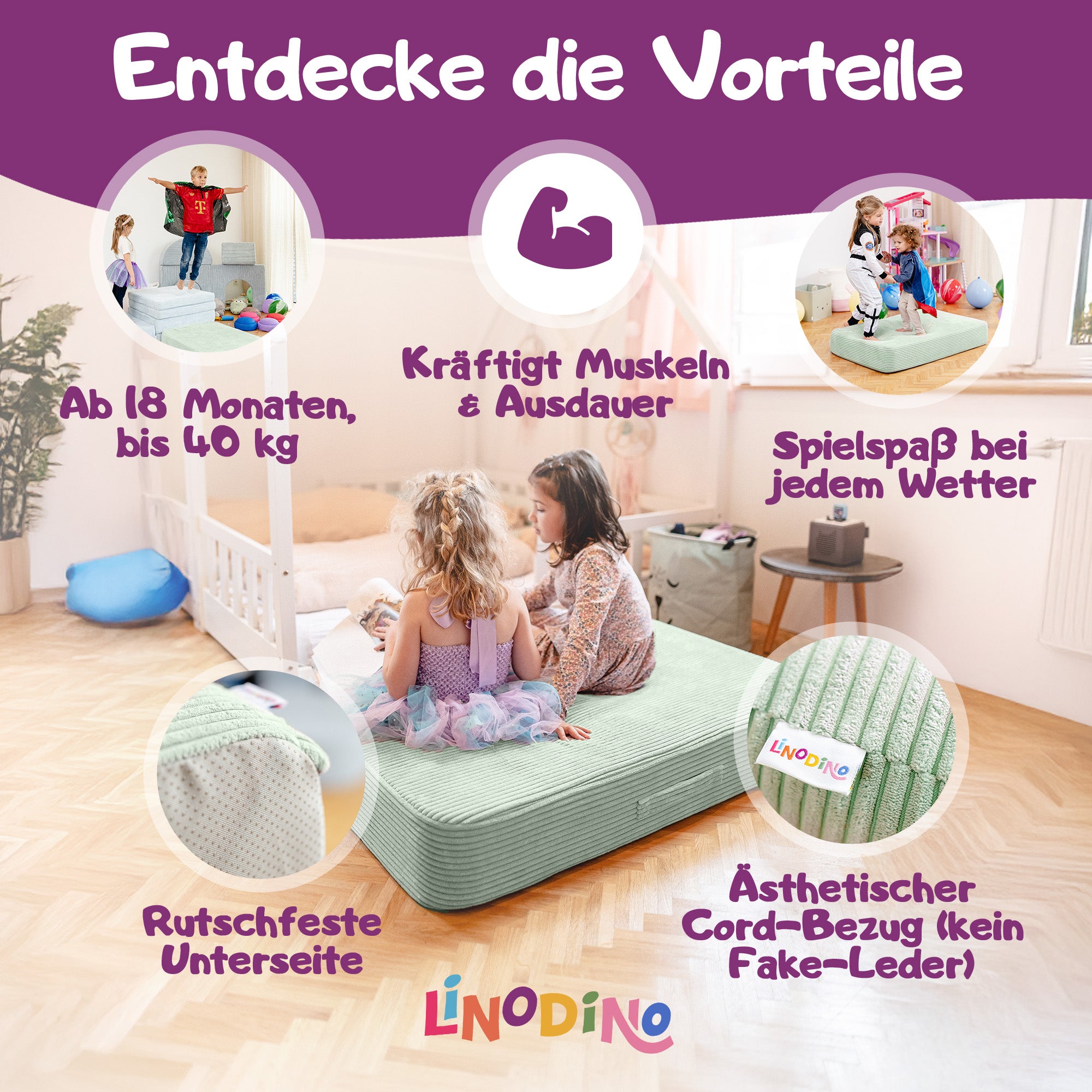 Grünes Hüpfkissen indoor als Spielmatte, geeignet für Kinder ab 18 Monaten