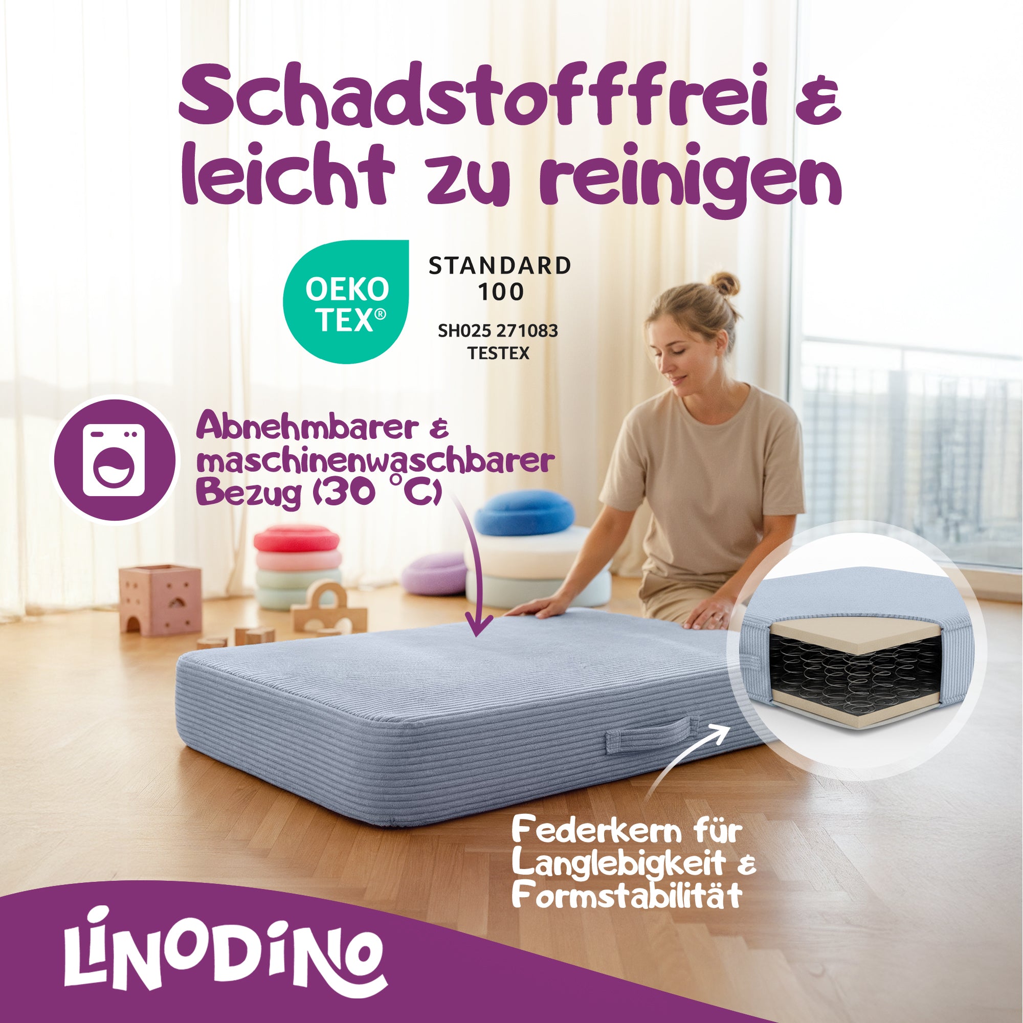 Blaues Hüpfpolster mit Federkern geprüft nach OEKO-TEX Standard 100