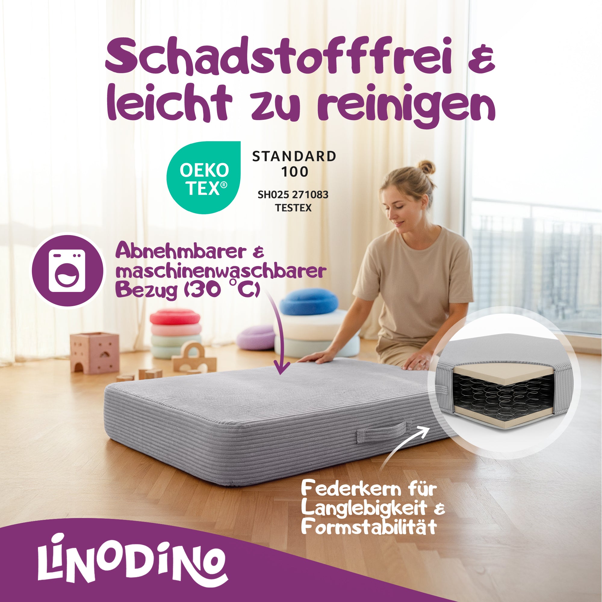 Graues Hüpfpolster mit Federkern geprüft nach OEKO-TEX Standard 100