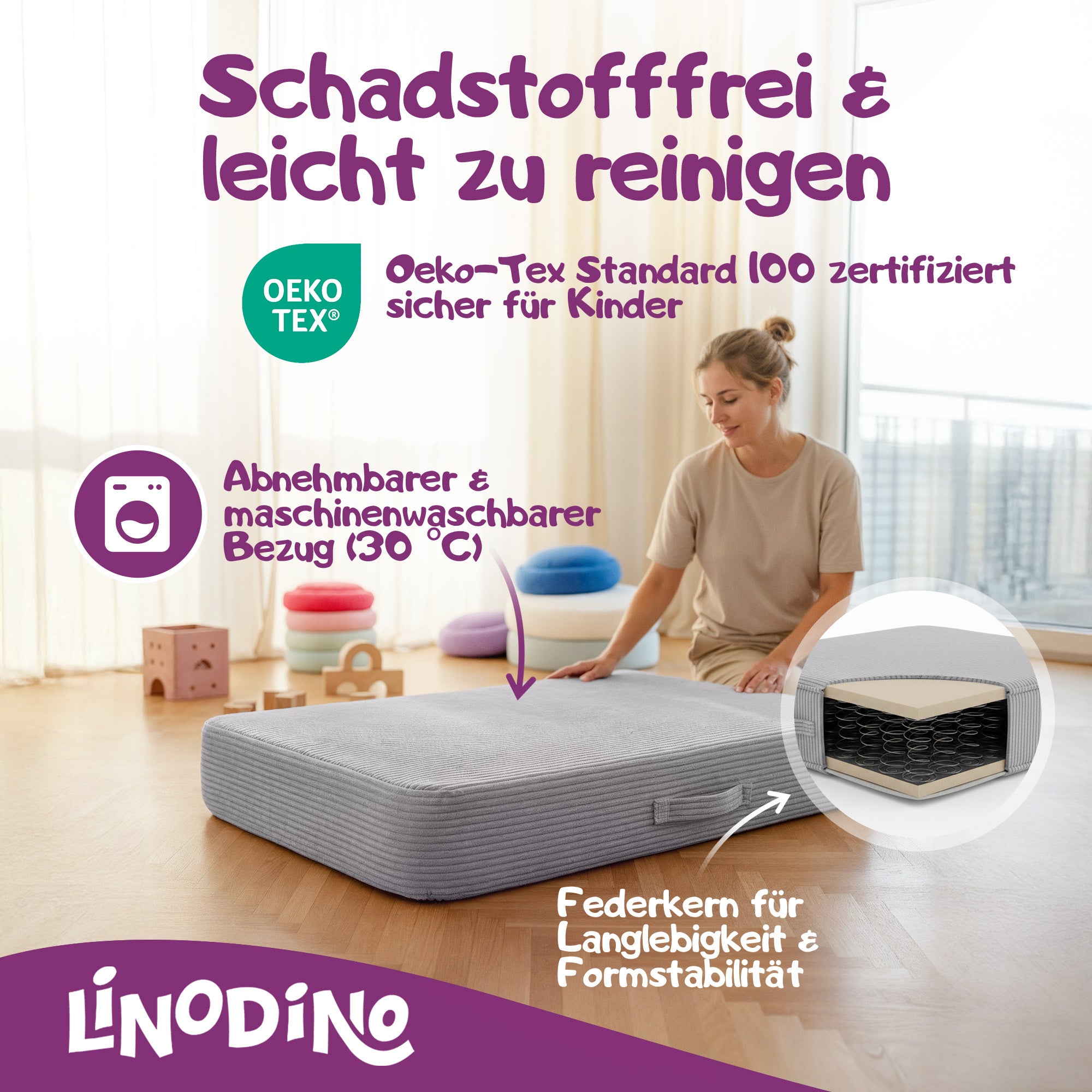 Graues Hüpfpolster mit Federkern geprüft nach OEKO-TEX Standard 100