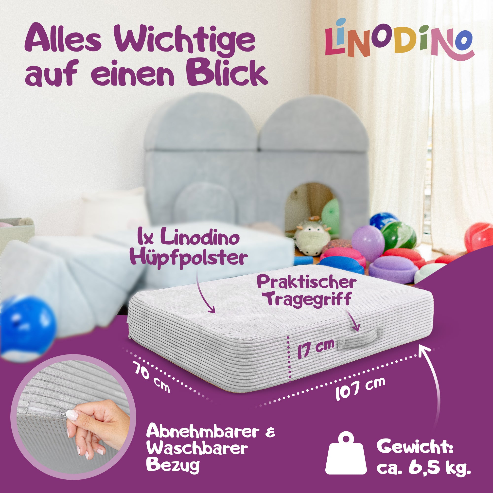 Hüpfmatratze in Grau mit Tragegriff und kompakter Größe für den Indoor-Einsatz