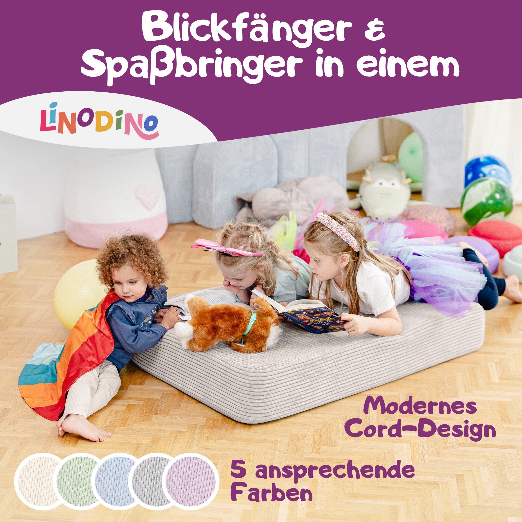 Spielmatte in Beige, genutzt als Hüpfpolster und Lesefläche für Kinder
