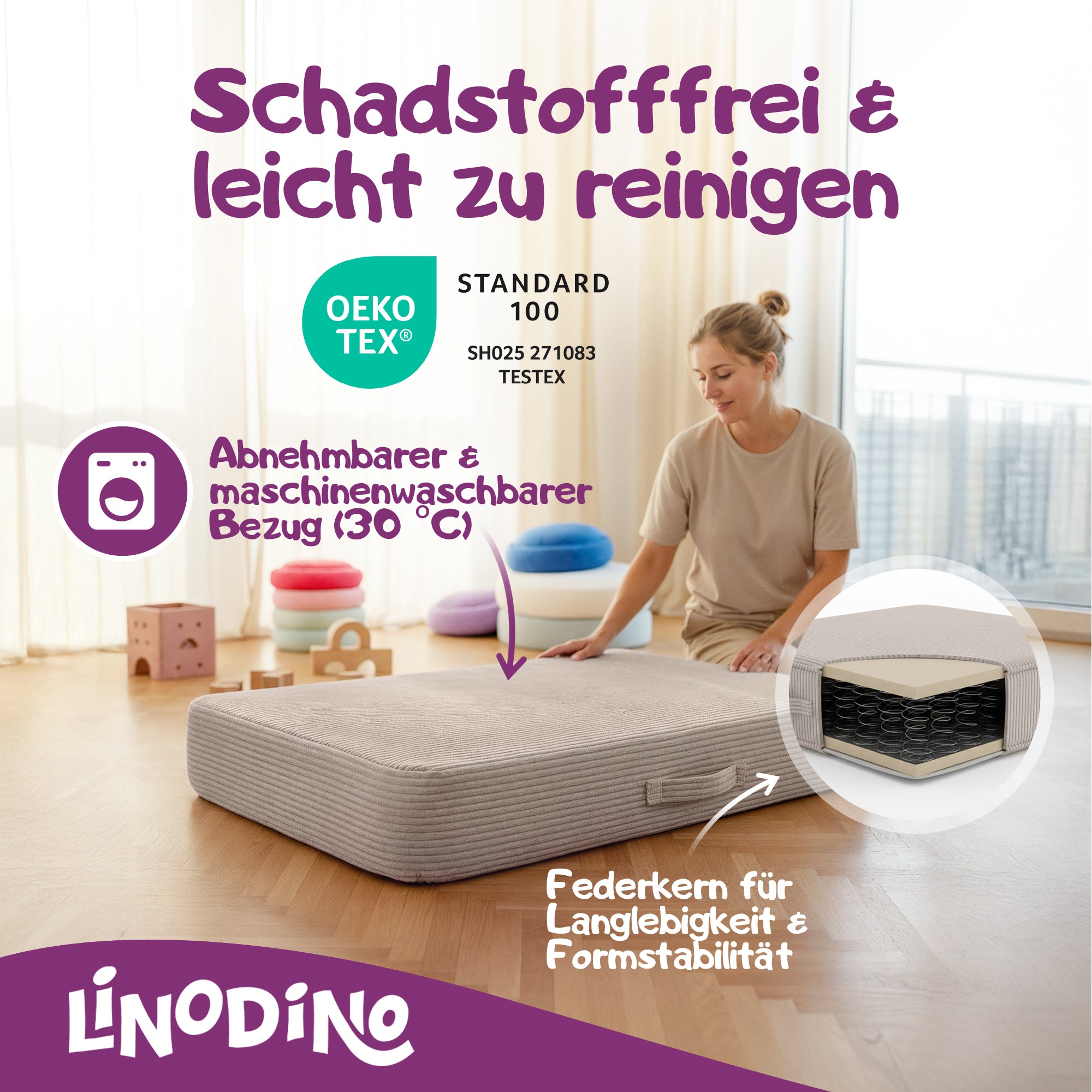 Beige Hüpfpolster mit Federkern geprüft nach OEKO-TEX Standard 100