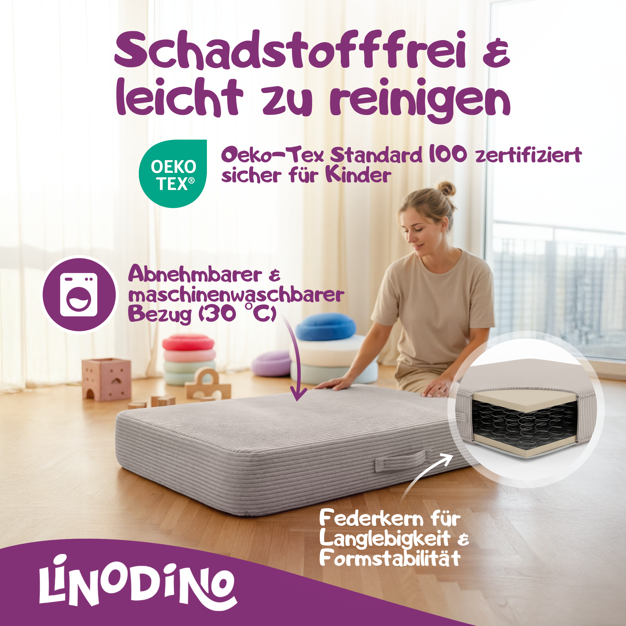 Beige Hüpfpolster mit Federkern geprüft nach OEKO-TEX Standard 100