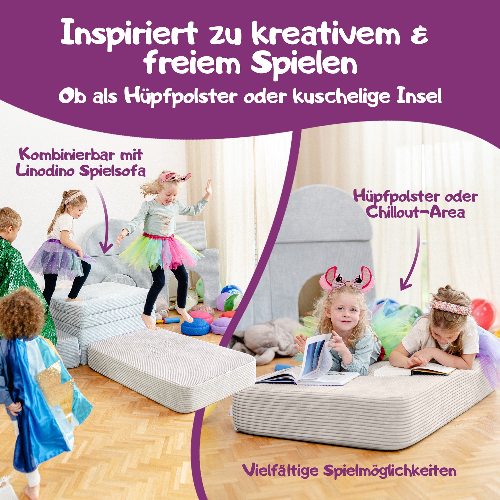 Hüpfmatte mit Beige Cordbezug für kreatives Spielen und kombinierbar mit einem Spielsofa