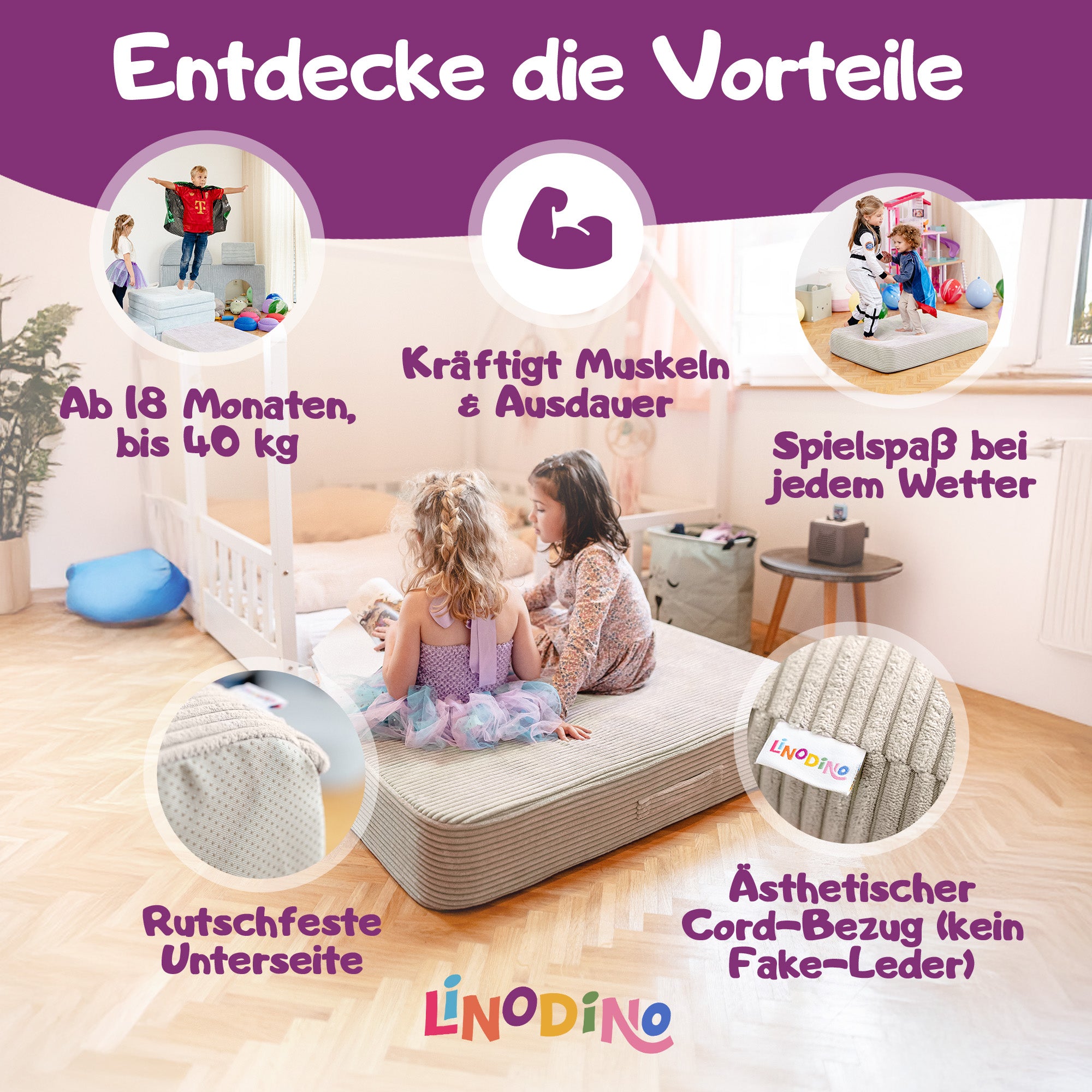 Beige Hüpfkissen indoor als Spielmatte, geeignet für Kinder ab 18 Monaten