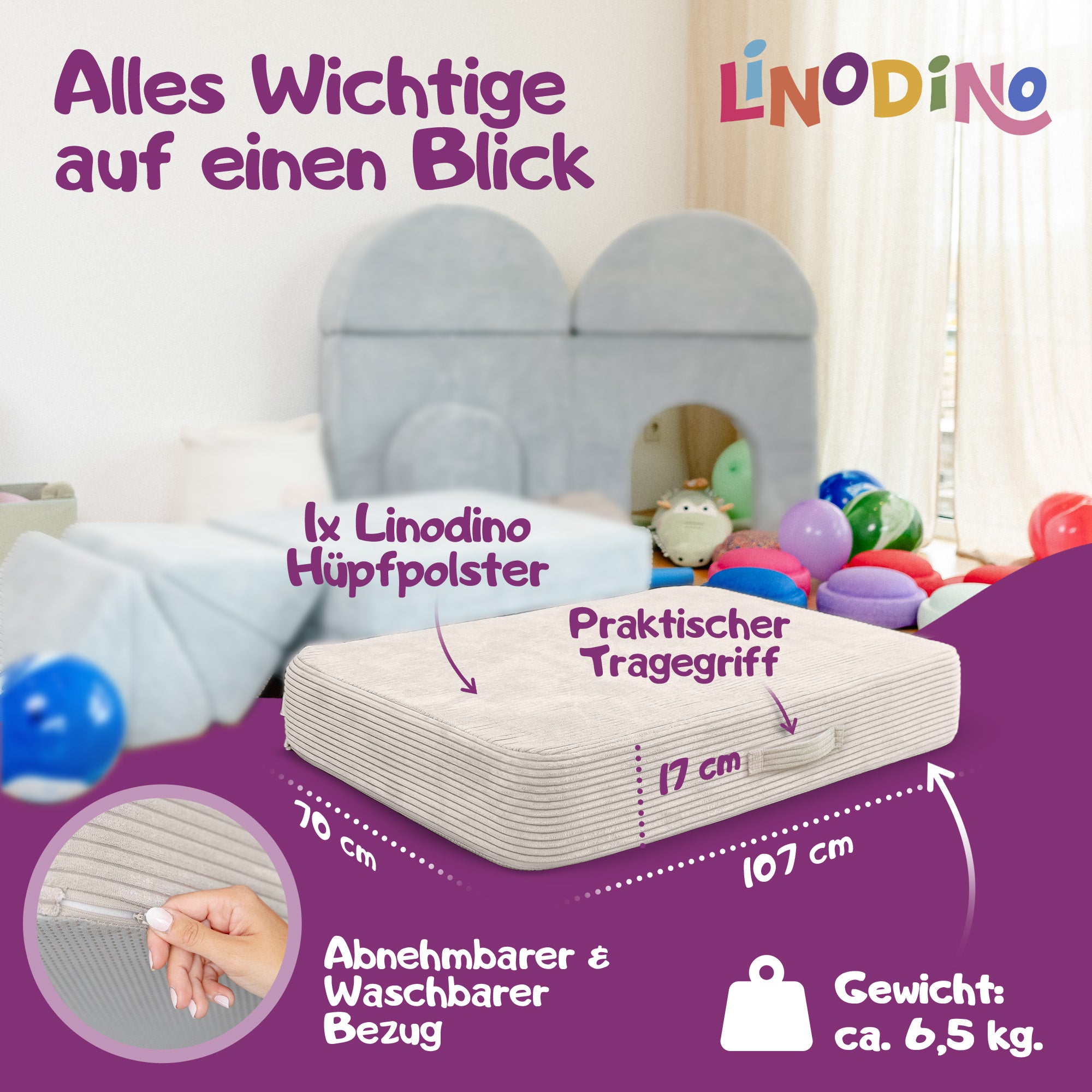 Hüpfmatratze in Beige mit Tragegriff und kompakter Größe für den Indoor-Einsatz