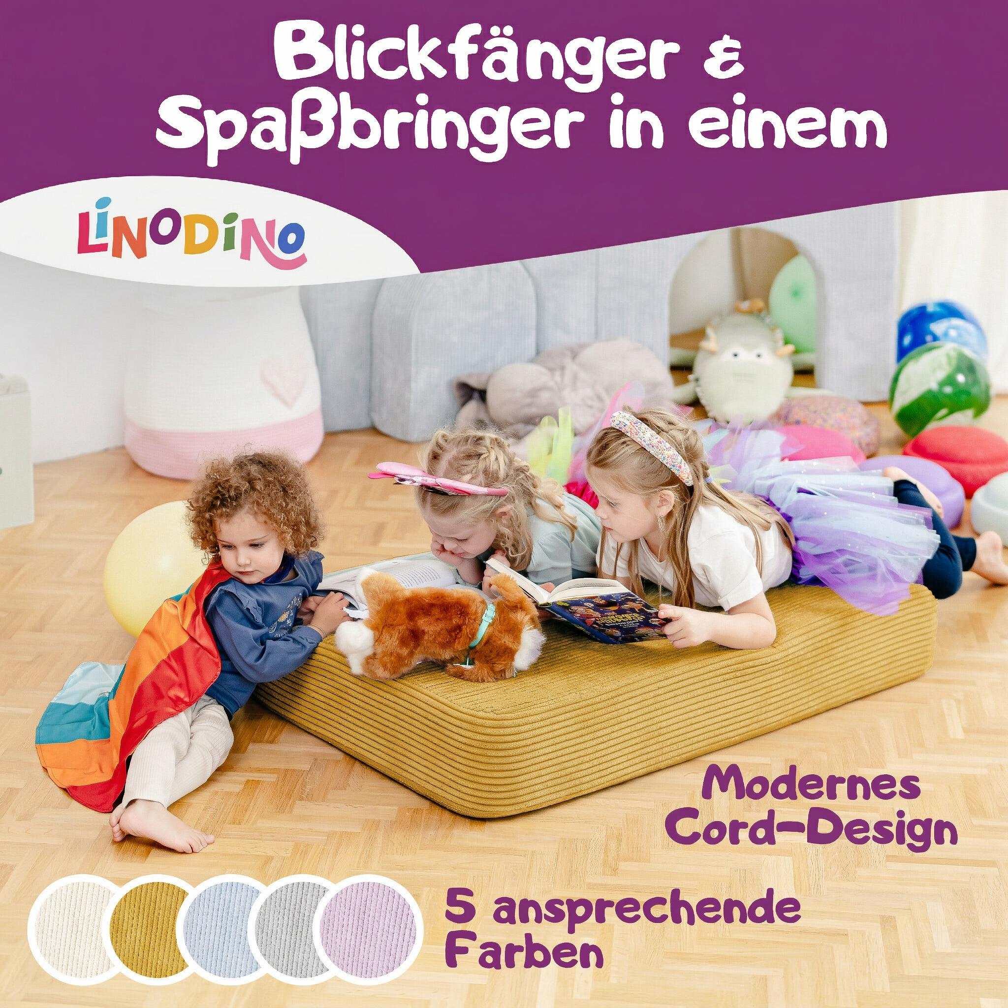 Spielmatte in Gelb, genutzt als Hüpfpolster und Lesefläche für Kinder