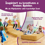 Hüpfmatte mit gelbem Cordbezug für kreatives Spielen und kombinierbar mit einem Spielsofa