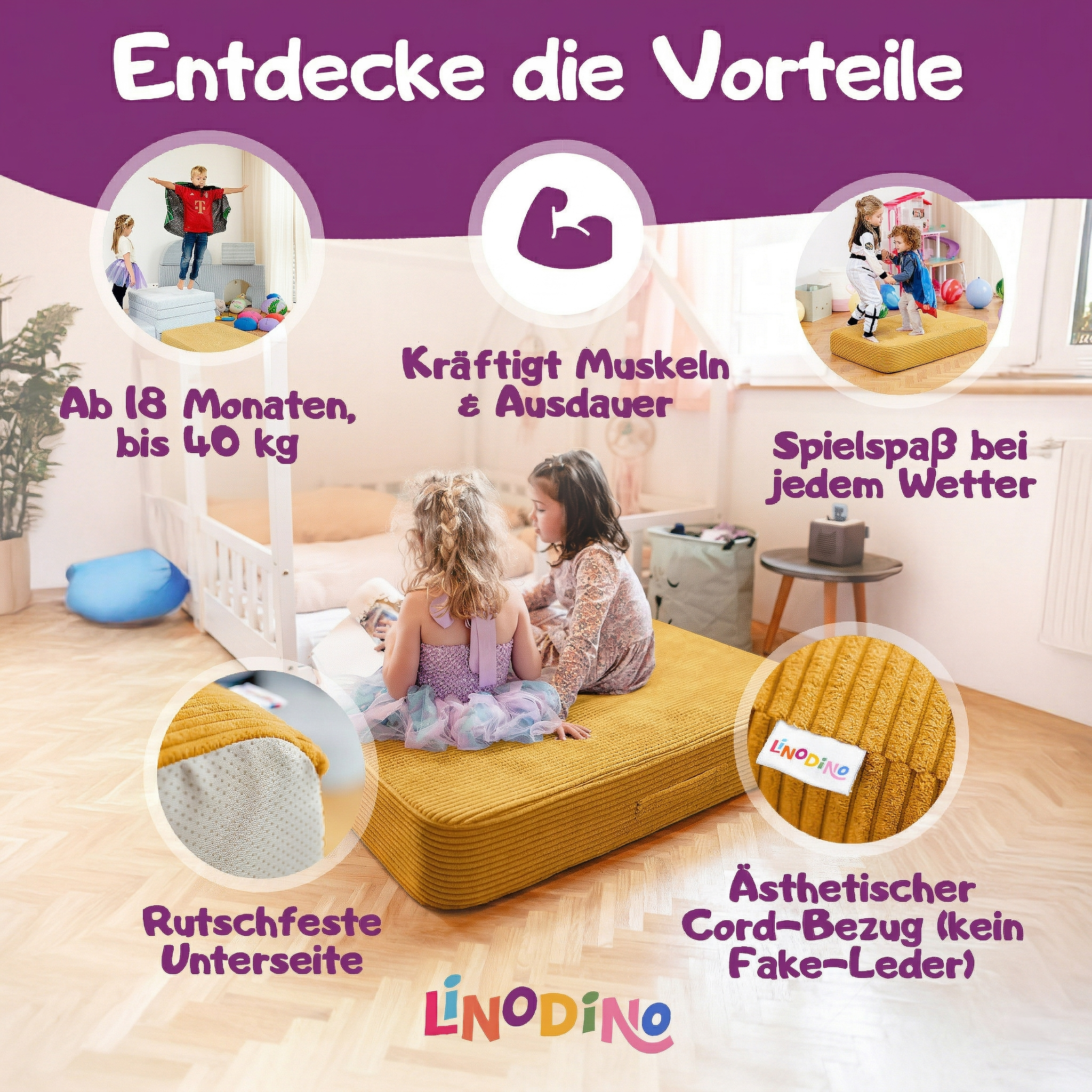 Gelbes Hüpfkissen indoor als Spielmatte, geeignet für Kinder ab 18 Monaten