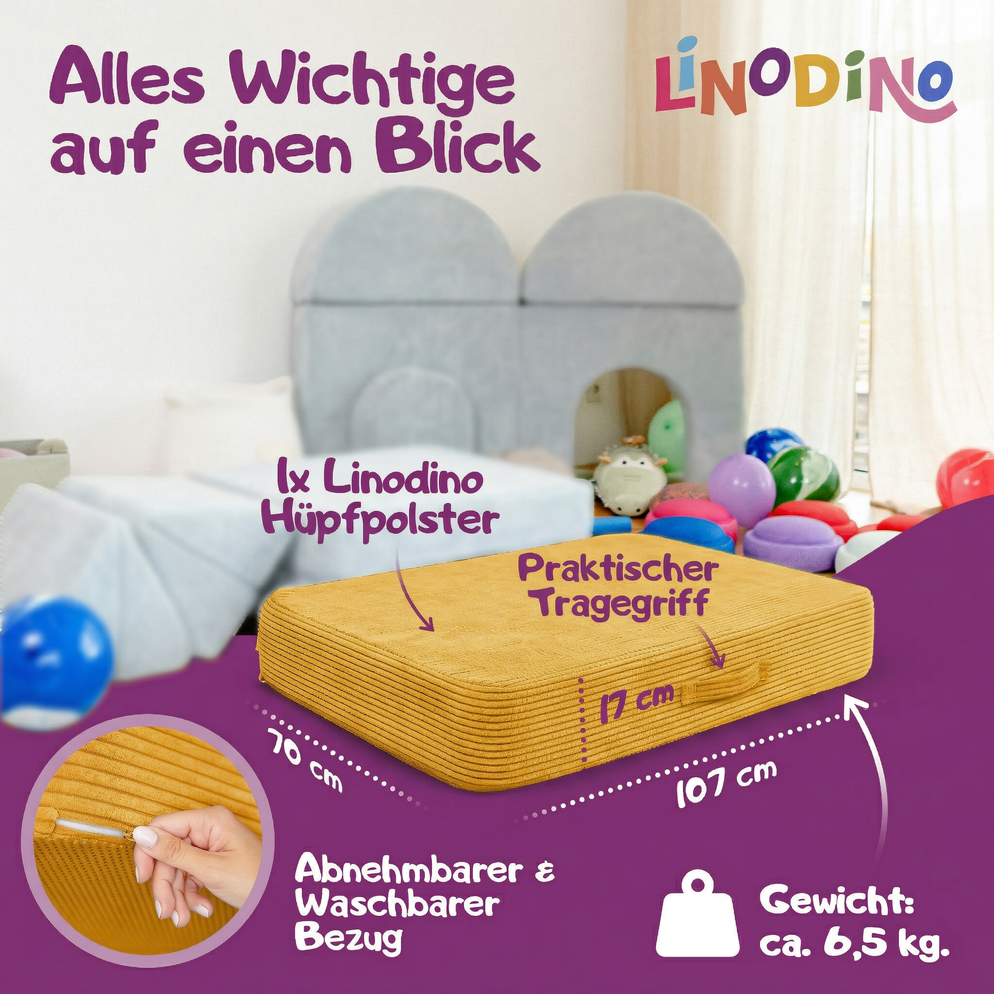 Hüpfmatratze in Gelb mit Tragegriff und kompakter Größe für den Indoor-Einsatz