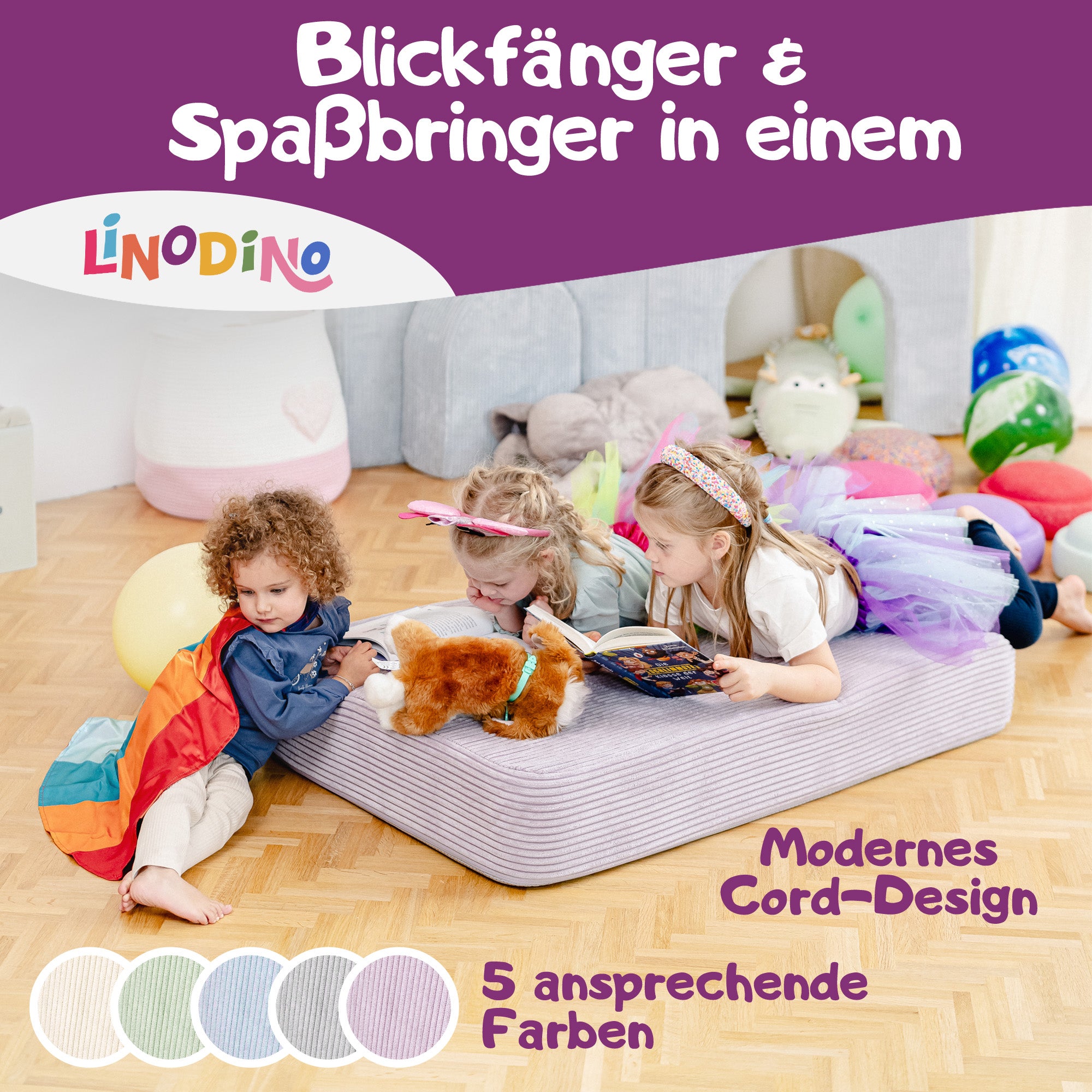 3 Spielmatte in Lila, genutzt als Hüpfpolster und Lesefläche für Kinder