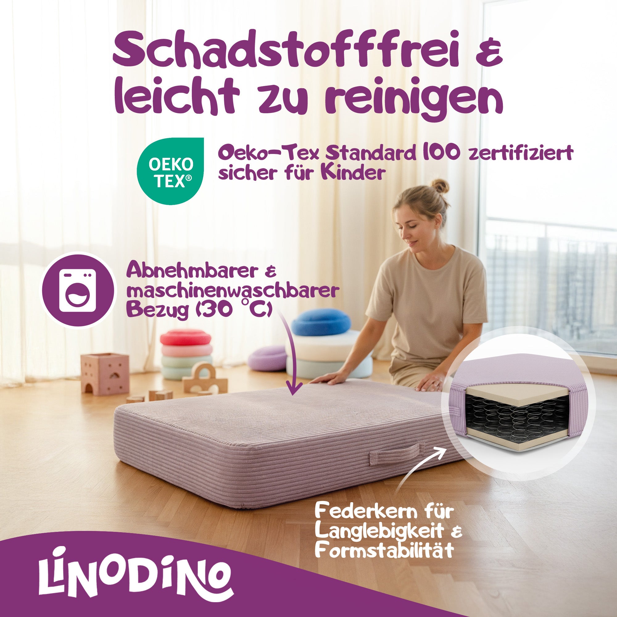 Lila Hüpfpolster mit Federkern geprüft nach OEKO-TEX Standard 100