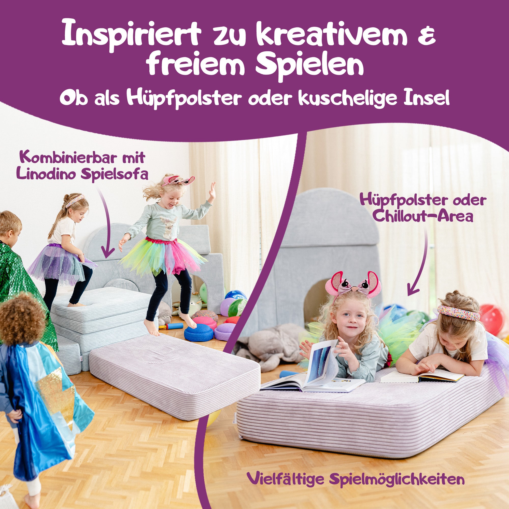 Hüpfmatte mit Lila Cordbezug für kreatives Spielen und kombinierbar mit einem Spielsofa