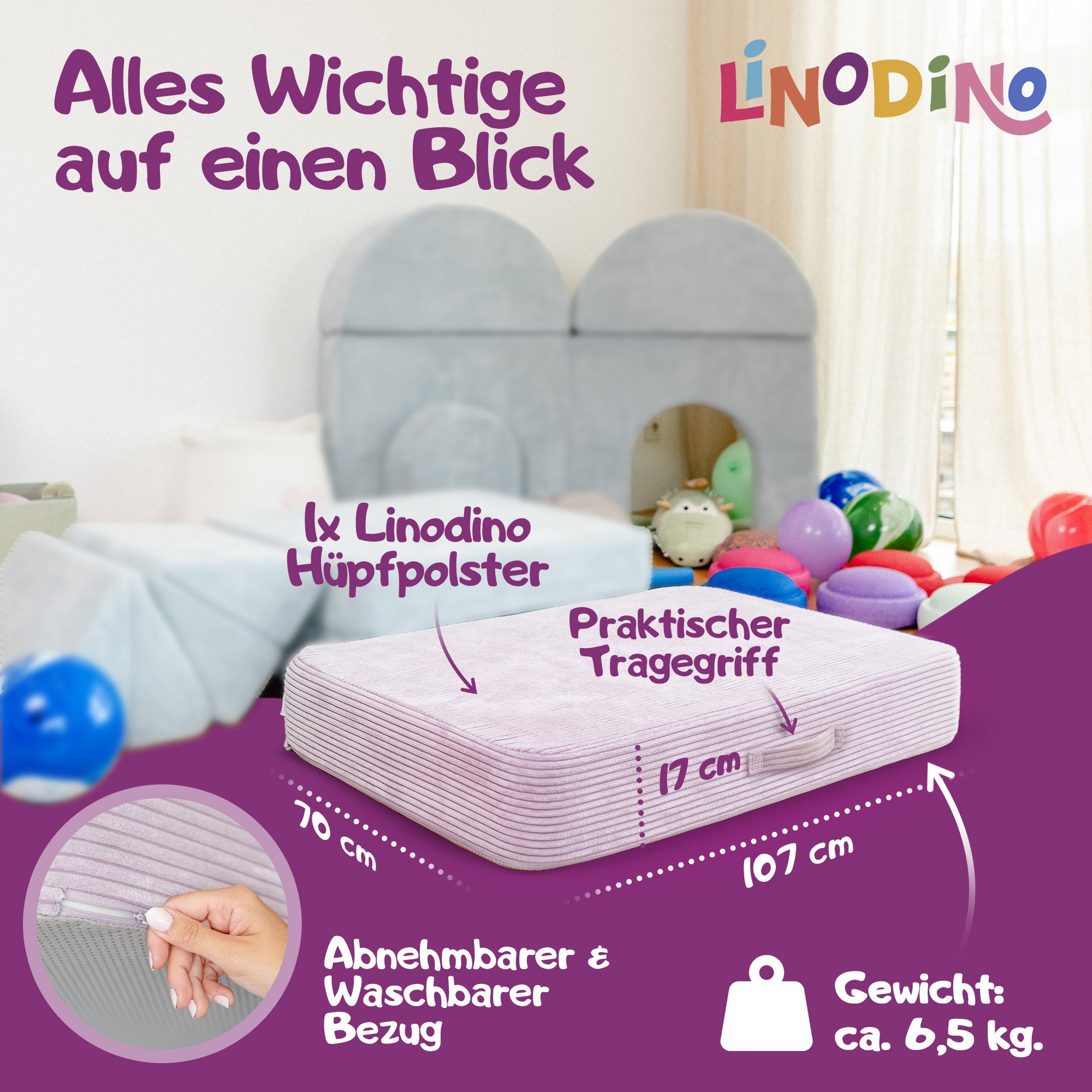 Hüpfmatratze in Lila mit Tragegriff und kompakter Größe für den Indoor-Einsatz