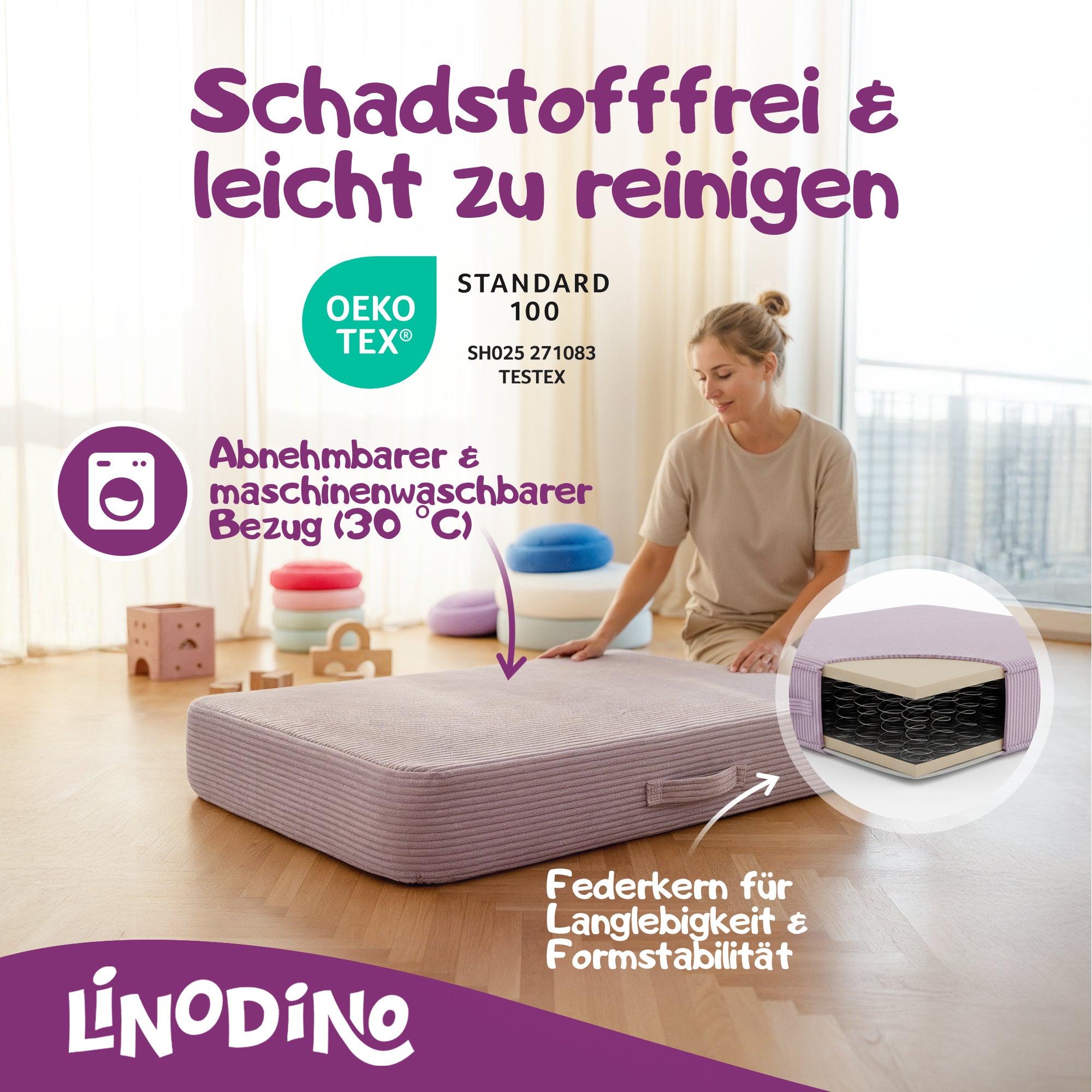 Lila Hüpfpolster mit Federkern geprüft nach OEKO-TEX Standard 100