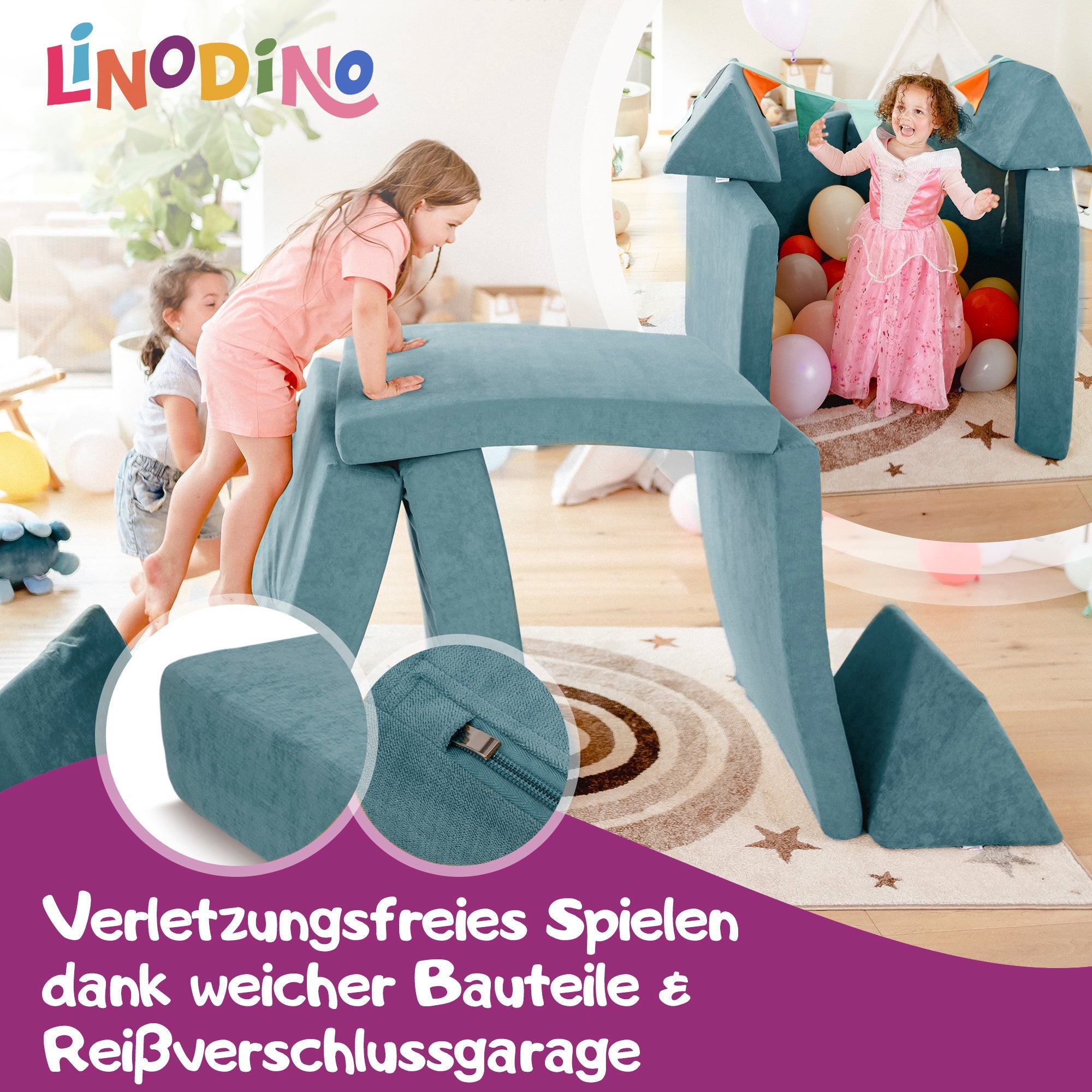 Linodino Spielsofa, Verletzungsfreies Spielen durch weiche Bauteile und Reißverschlussgarage
