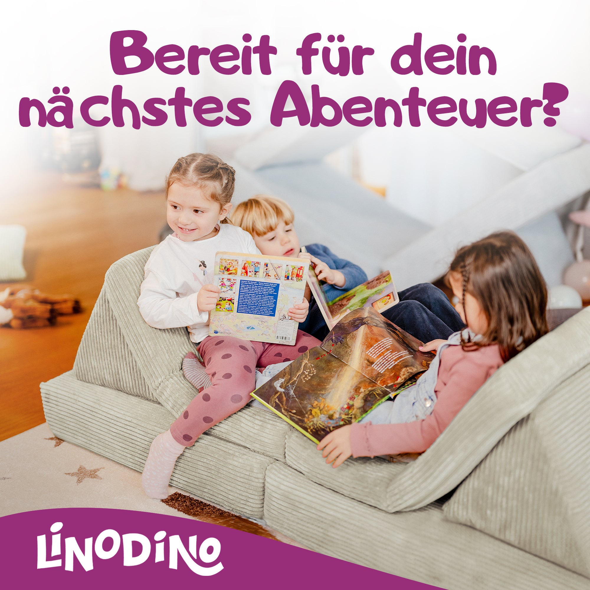 Kinder warten auf ihr nächstes Abenteuer auf dem Linodino Spielsofa