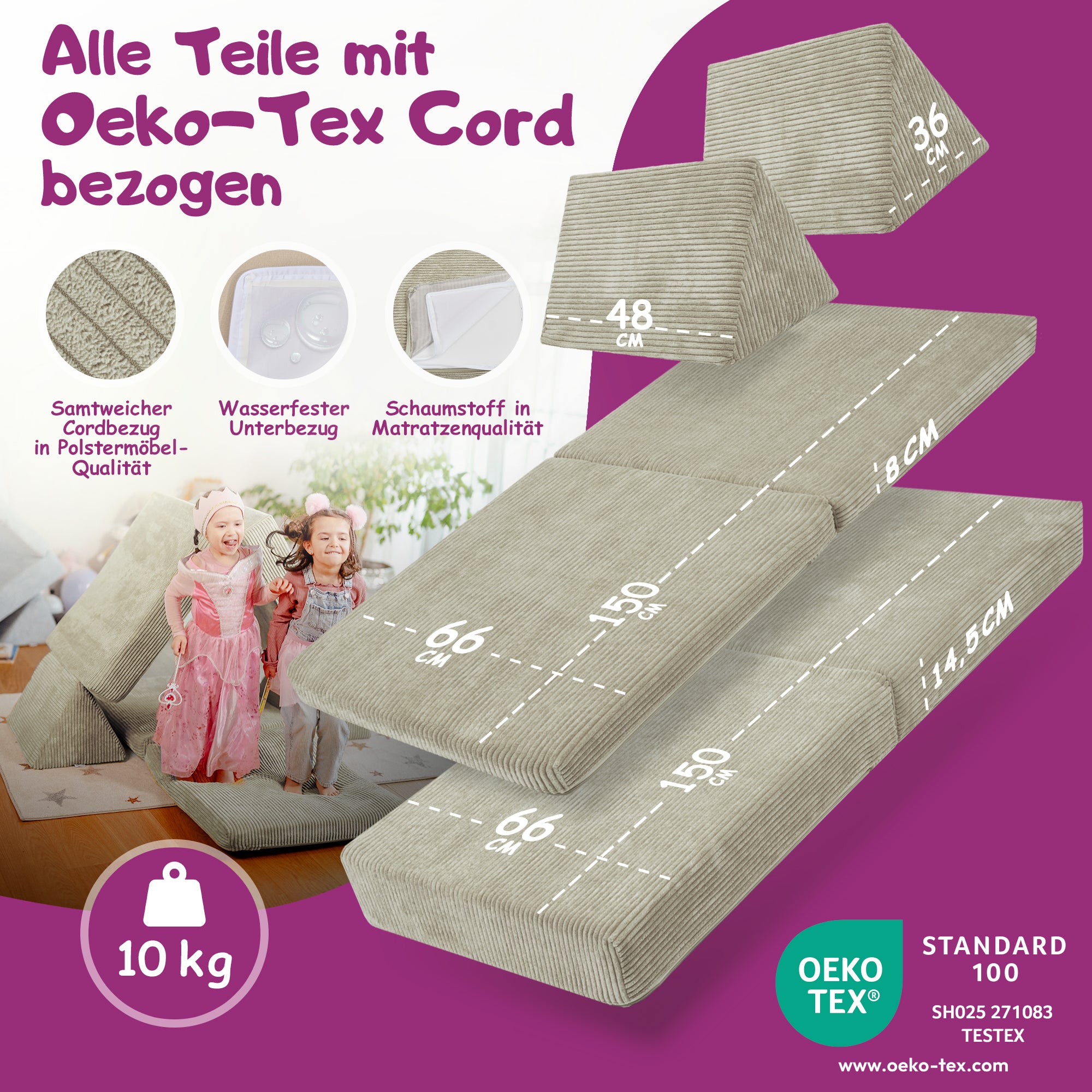 Linodino Spielsofa Materialien und wasserfeste Bezüge