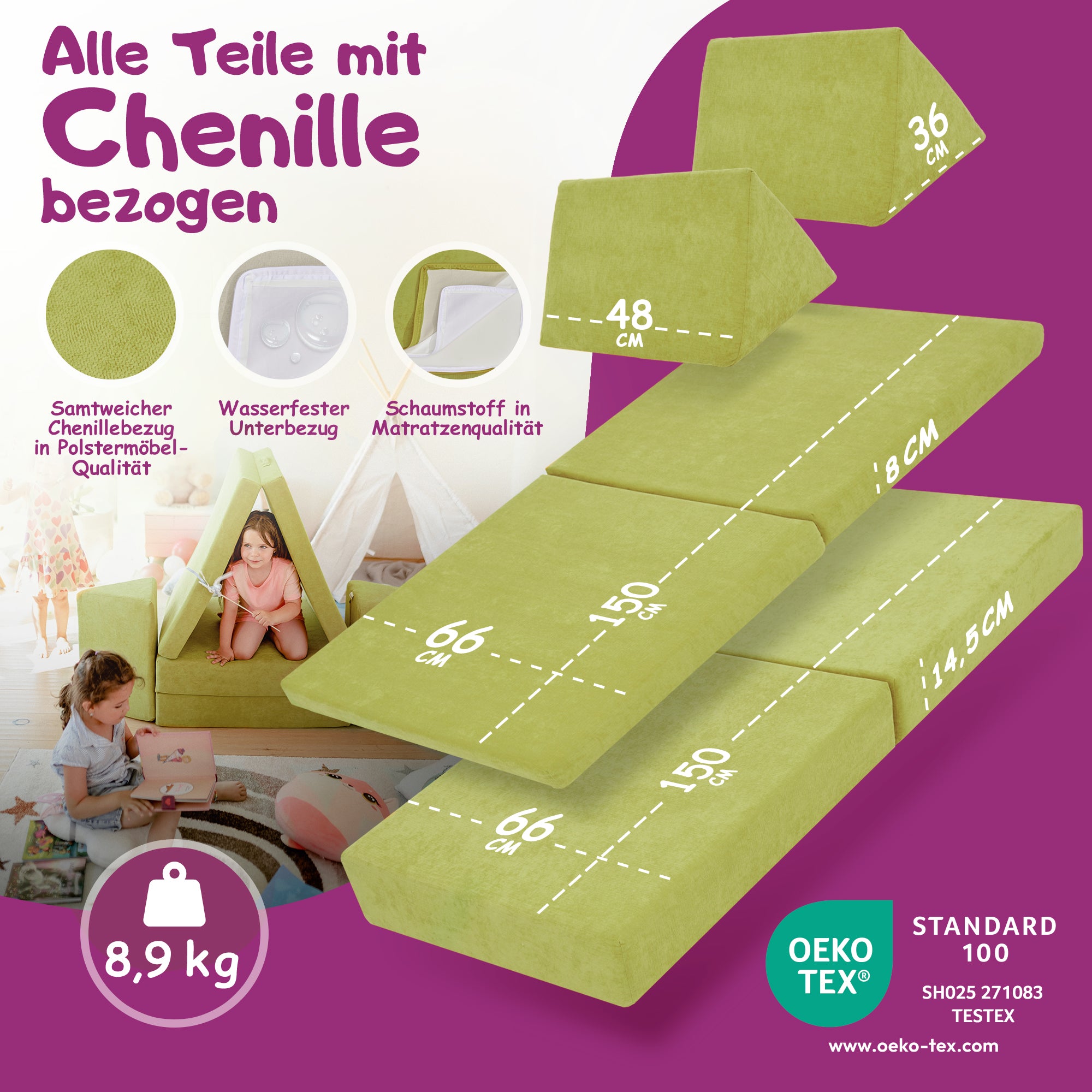 Linodino Spielsofa Materialien und wasserfeste Bezüge
