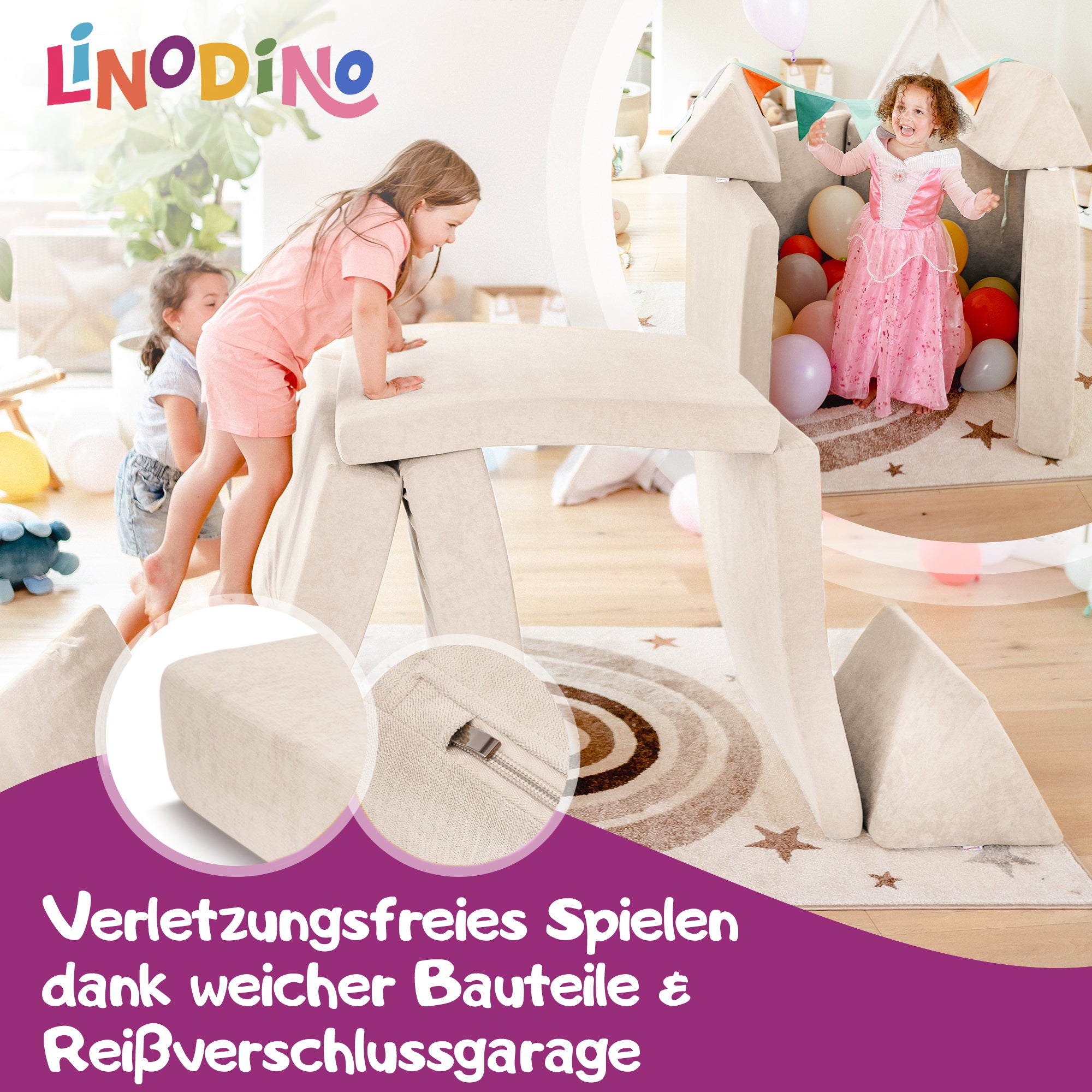 Linodino Spielsofa, Verletzungsfreies Spielen durch weiche Bauteile und Reißverschlussgarage
