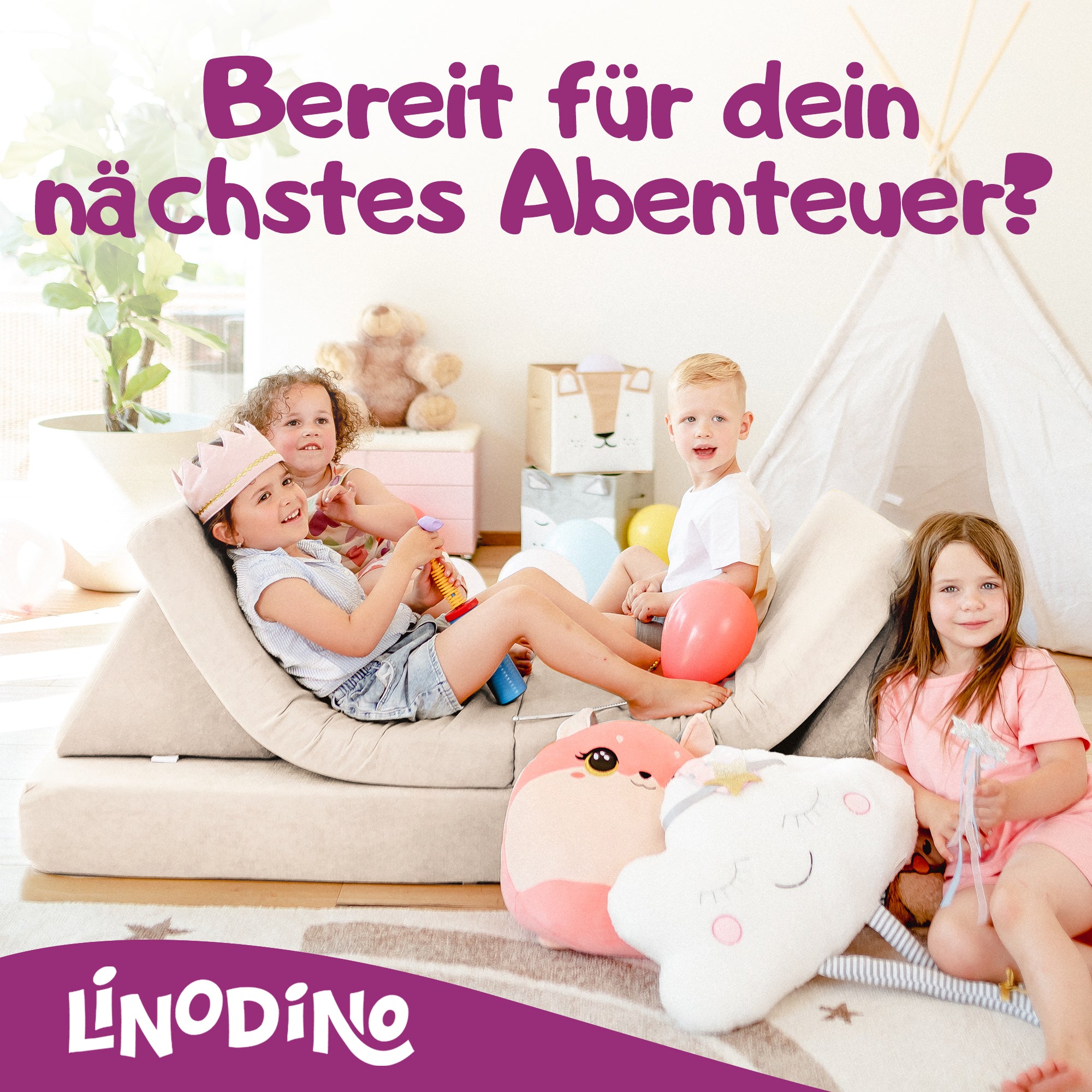 Kinder warten auf ihr nächstes Abenteuer auf dem Linodino Spielsofa
