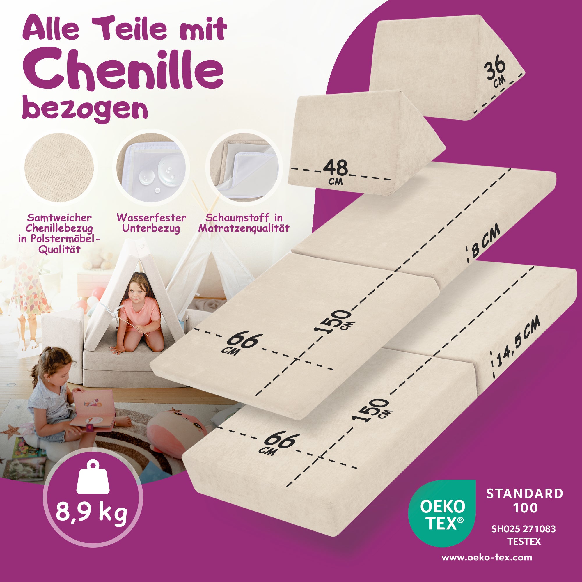 Linodino Spielsofa Materialien und wasserfeste Bezüge
