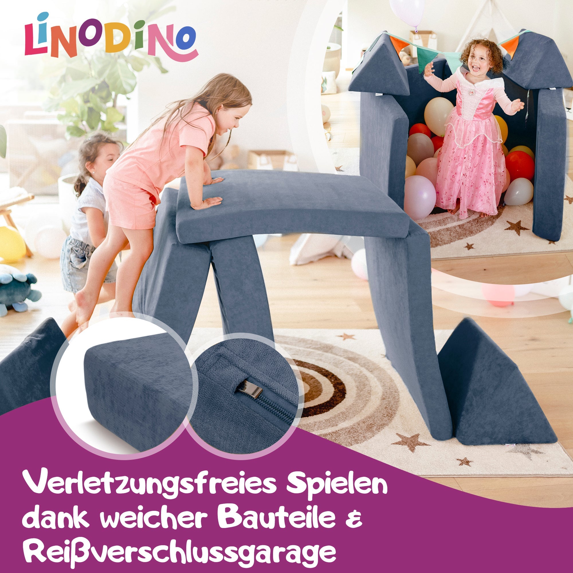 Linodino Spielsofa Bauteile und Reißverschlussgarage
