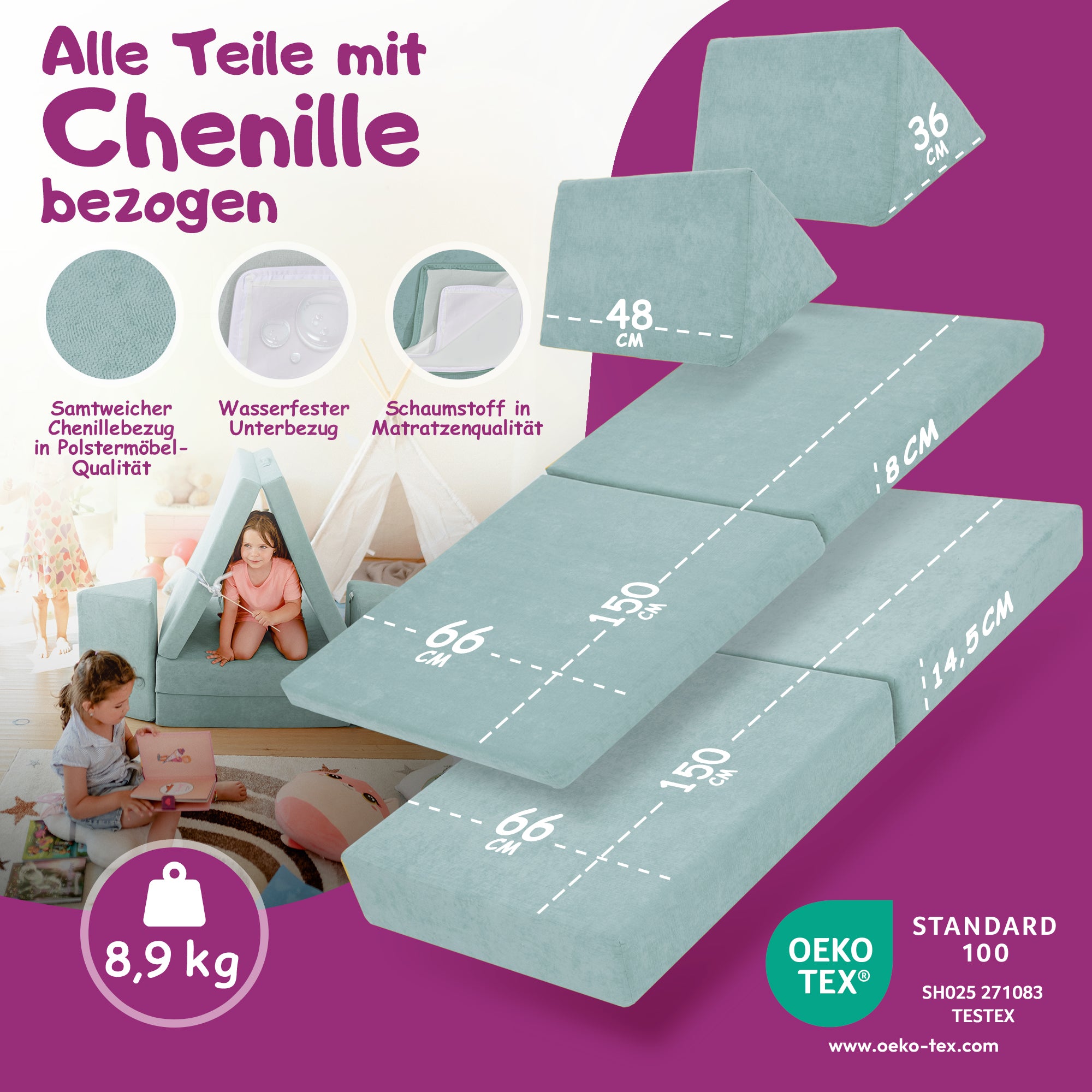 Linodino Spielsofa Materialien und wasserfeste Bezüge
