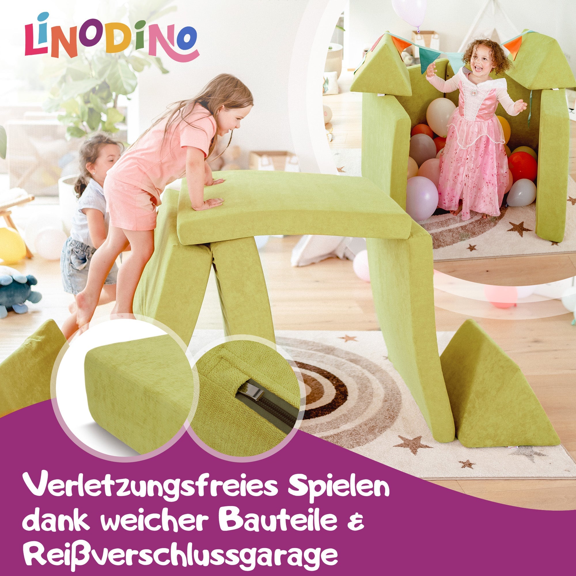 Linodino Spielsofa, Verletzungsfreies Spielen durch weiche Bauteile und Reißverschlussgarage
