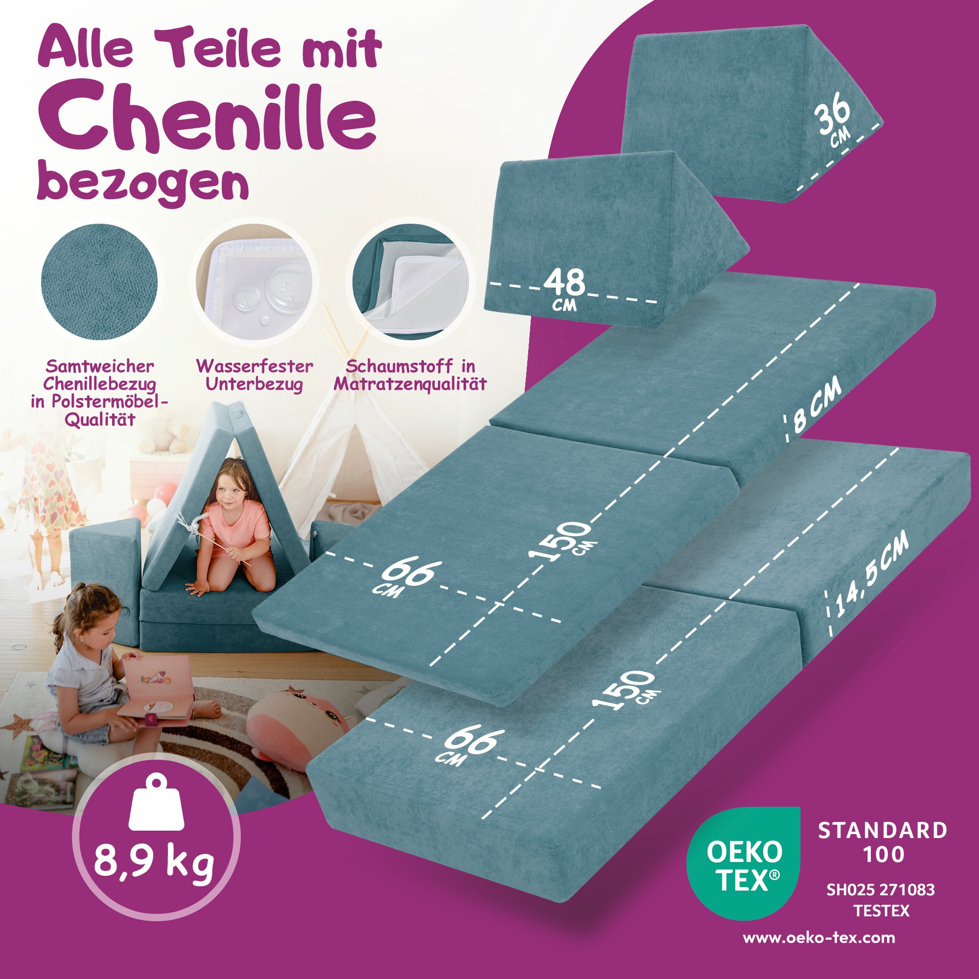 Linodino Spielsofa Materialien und wasserfeste Bezüge
