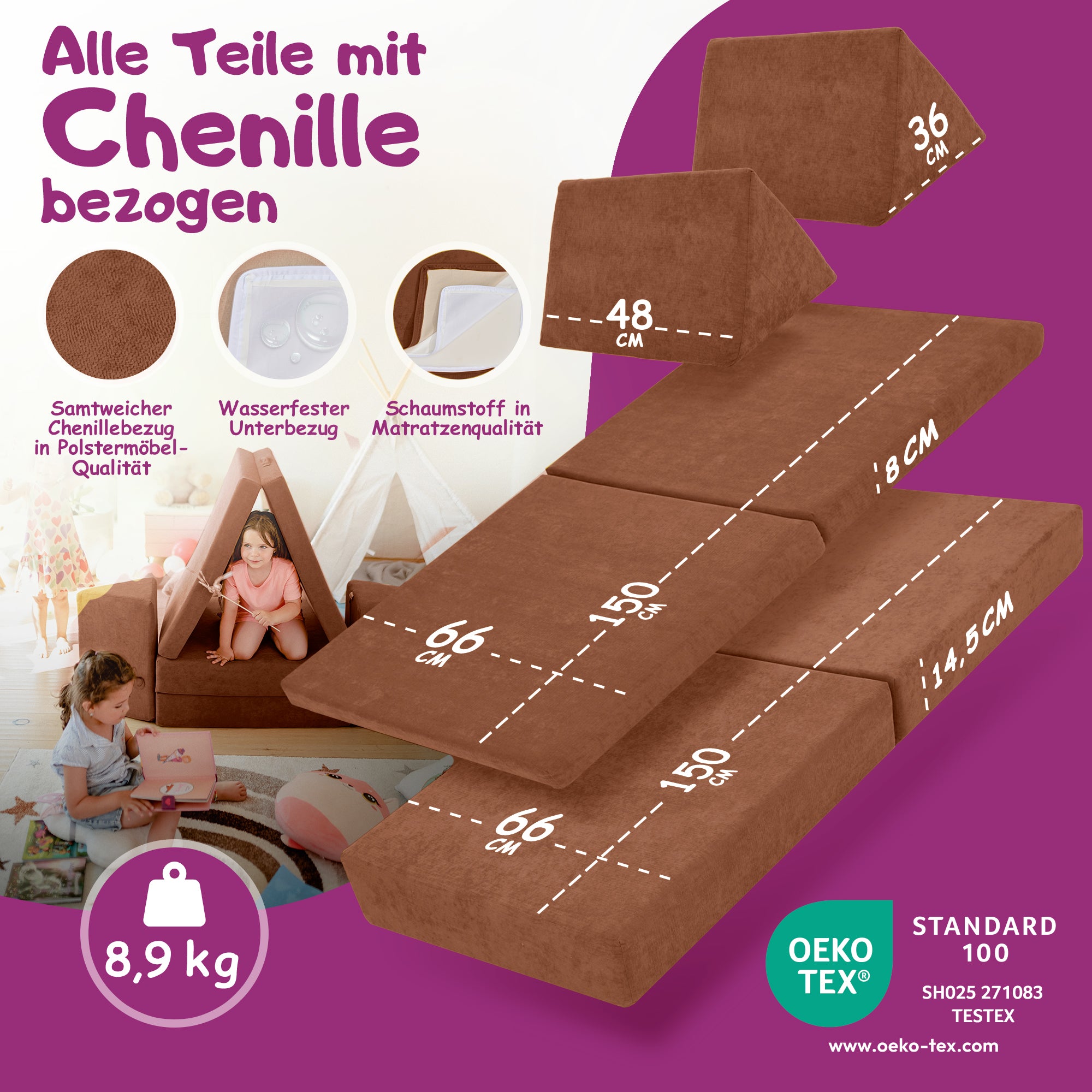 Linodino Spielsofa Materialien und wasserfeste Bezüge
