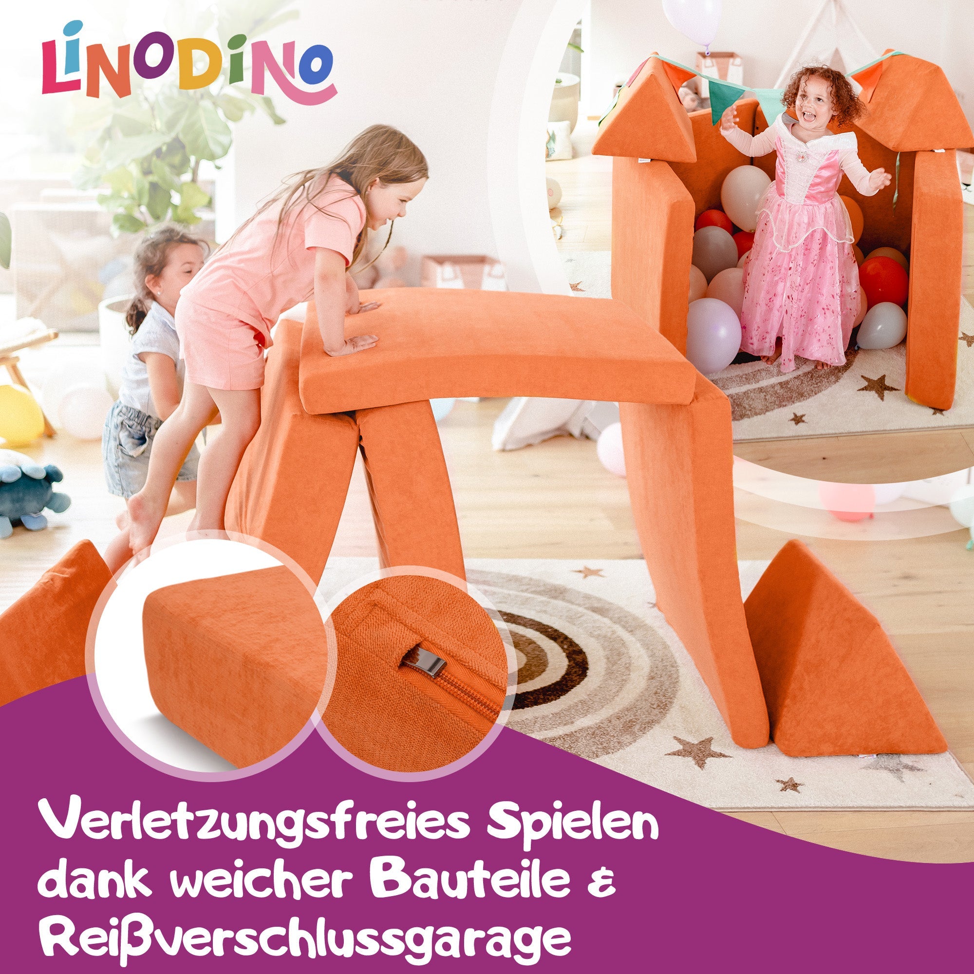 Linodino Spielsofa, Verletzungsfreies Spielen durch weiche Bauteile und Reißverschlussgarage
