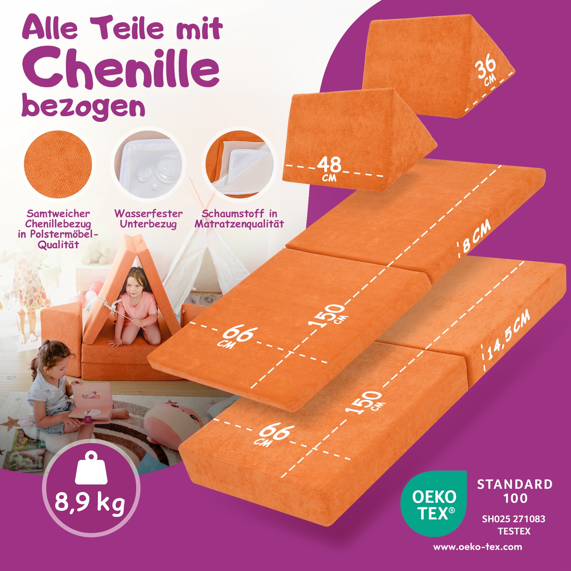 Linodino Spielsofa Materialien und wasserfeste Bezüge
