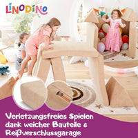 Linodino Spielsofa, Verletzungsfreies Spielen durch weiche Bauteile und Reißverschlussgarage
