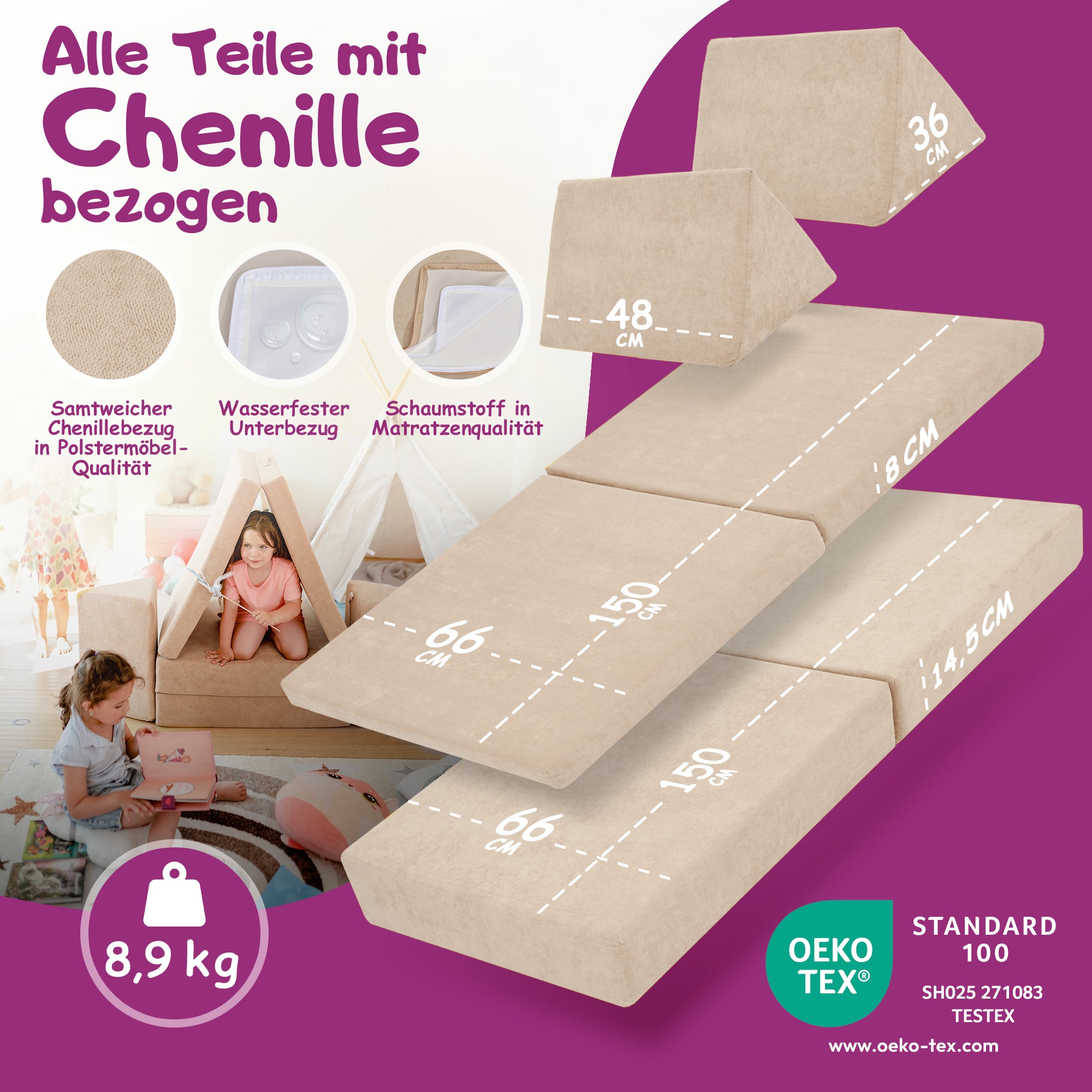 Linodino Spielsofa Materialien und wasserfeste Bezüge
