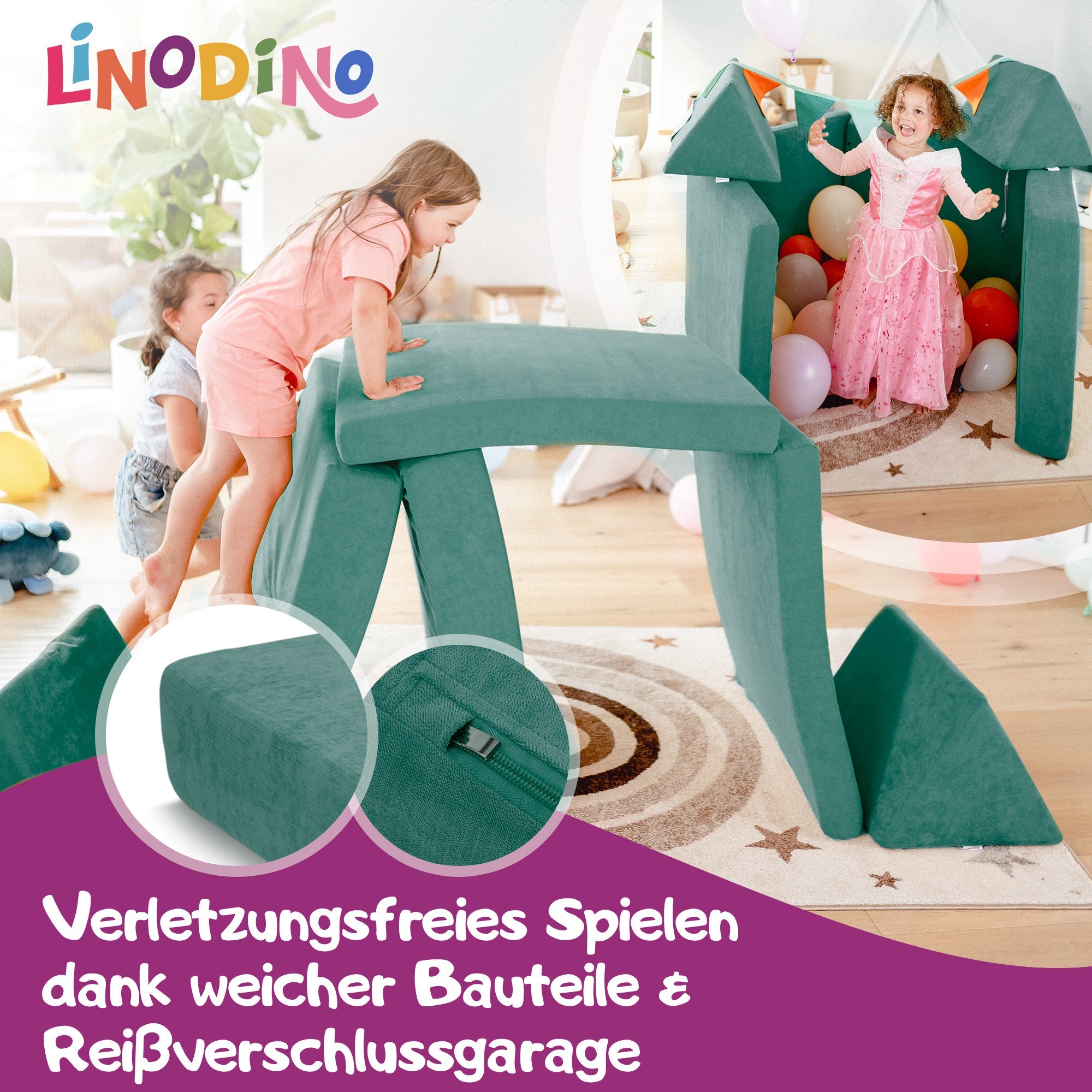 Linodino Spielsofa, Verletzungsfreies Spielen durch weiche Bauteile und Reißverschlussgarage
