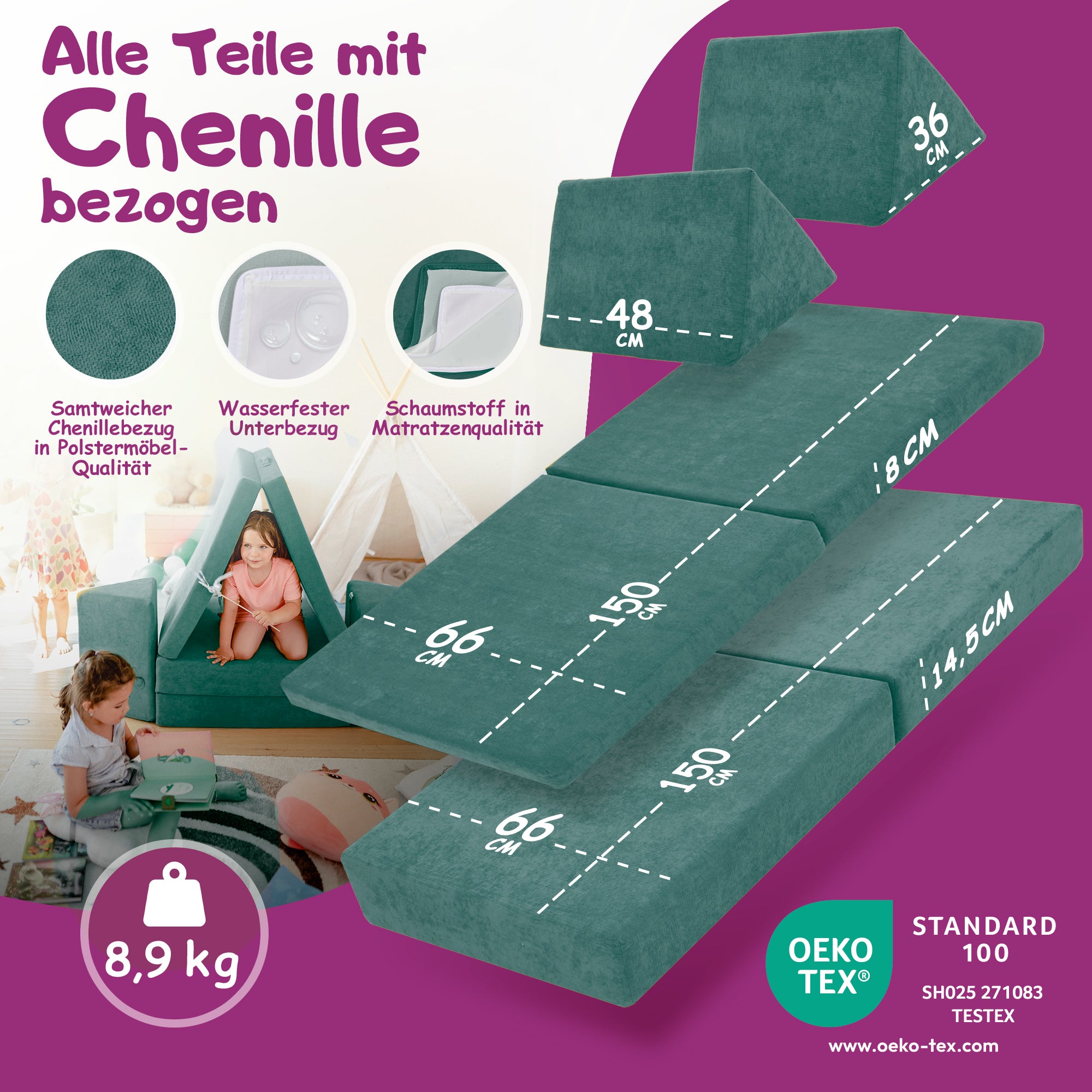 Linodino Spielsofa Materialien und wasserfeste Bezüge
