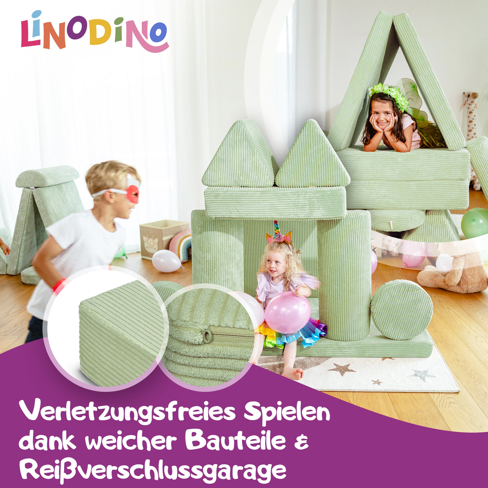 Linodino Spielsofa, Verletzungsfreies Spielen durch weiche Bauteile und Reißverschlussgarage
