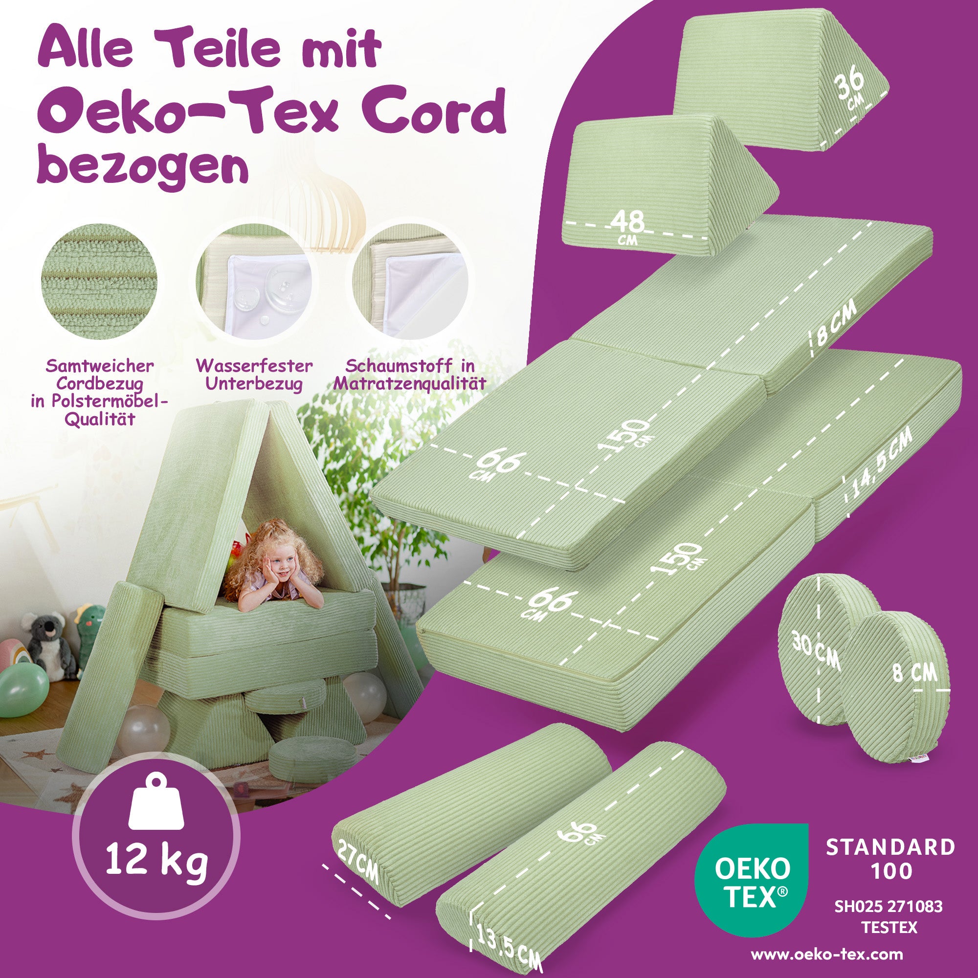 Linodino Spielsofa Materialien und wasserfeste Bezüge
