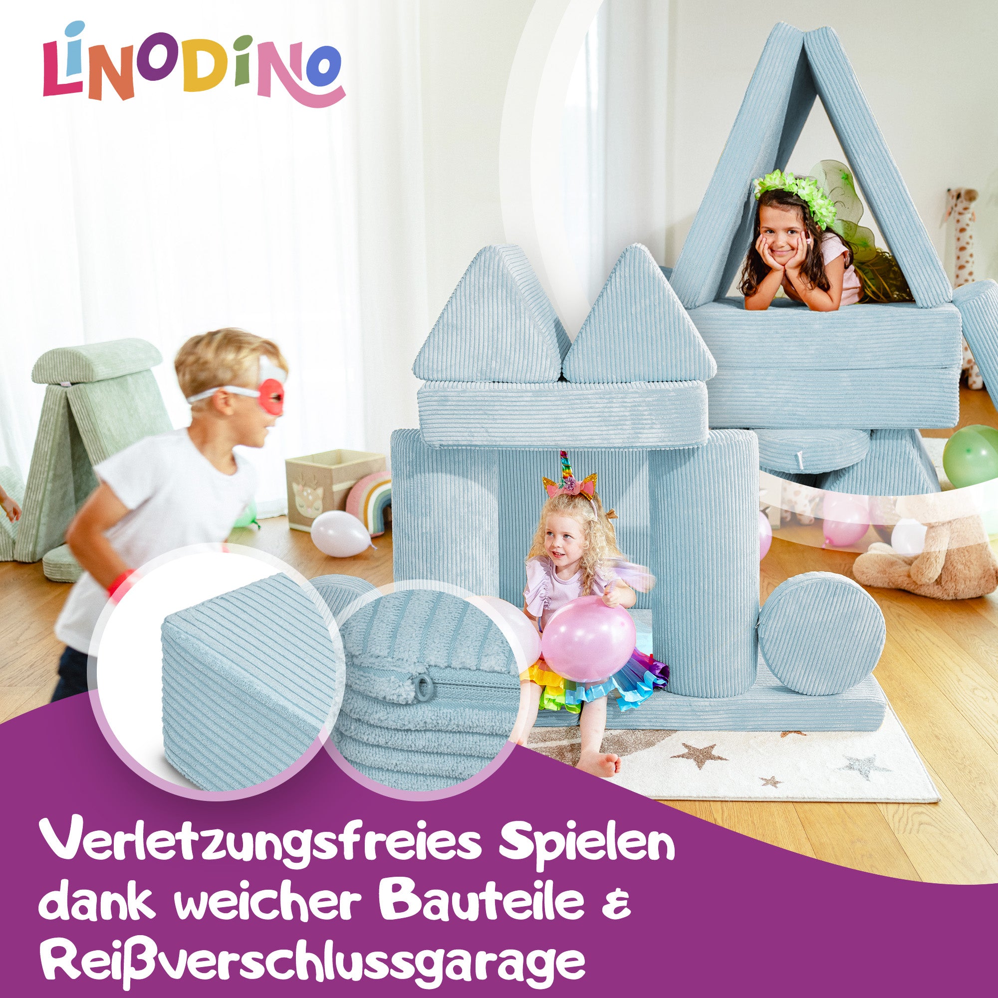 Linodino Spielsofa, Verletzungsfreies Spielen durch weiche Bauteile und Reißverschlussgarage
