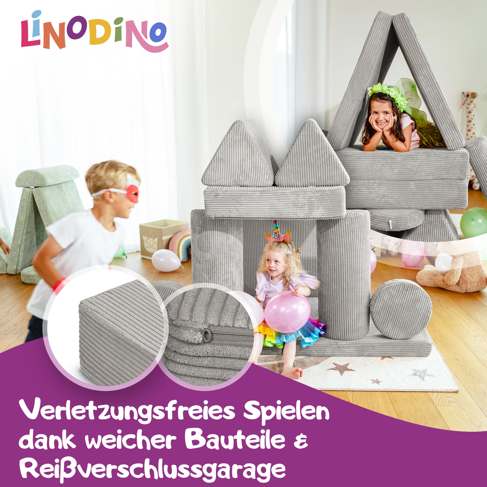 Linodino Spielsofa, Verletzungsfreies Spielen durch weiche Bauteile und Reißverschlussgarage
