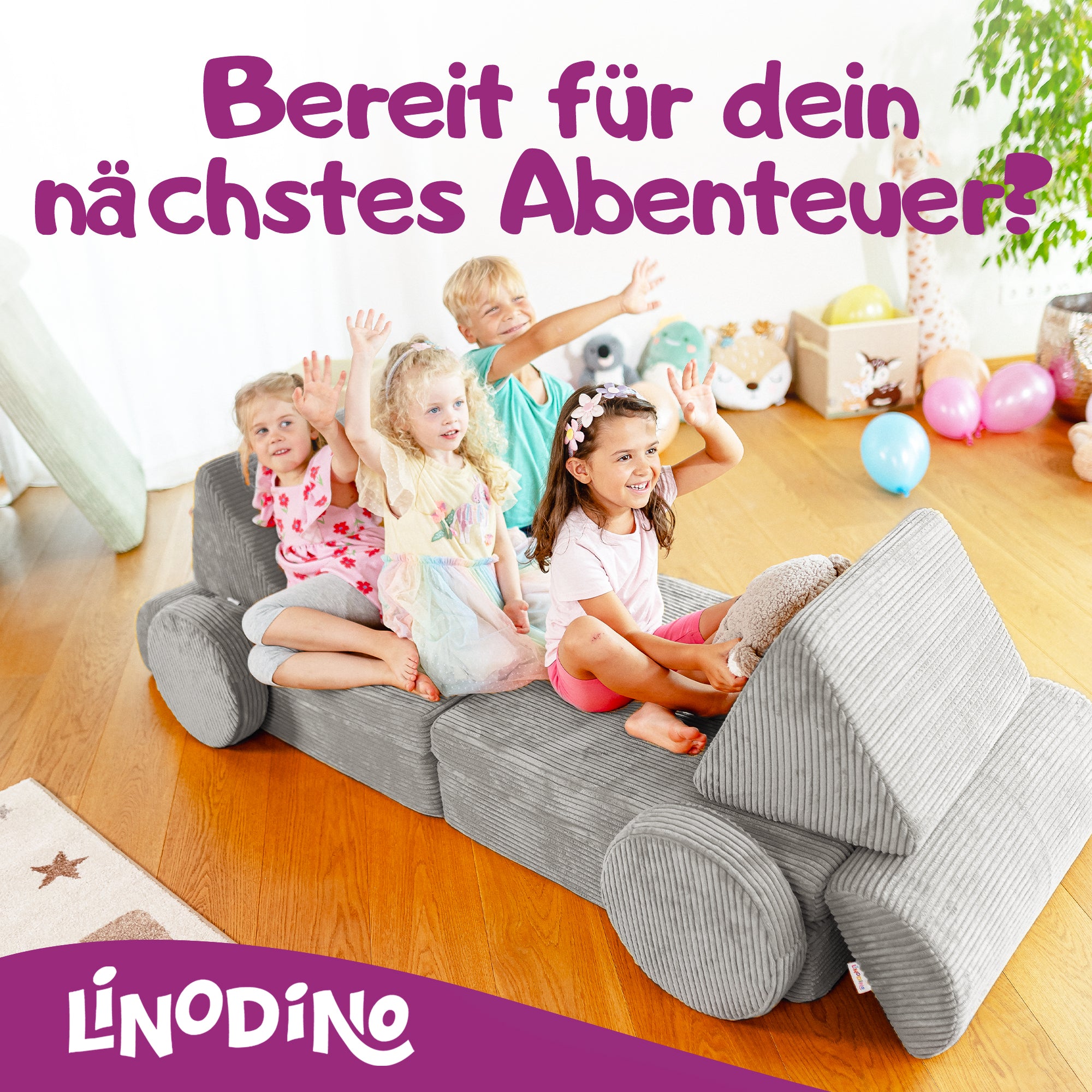 Kinder warten auf ihr nächstes Abenteuer auf dem Linodino Spielsofa
